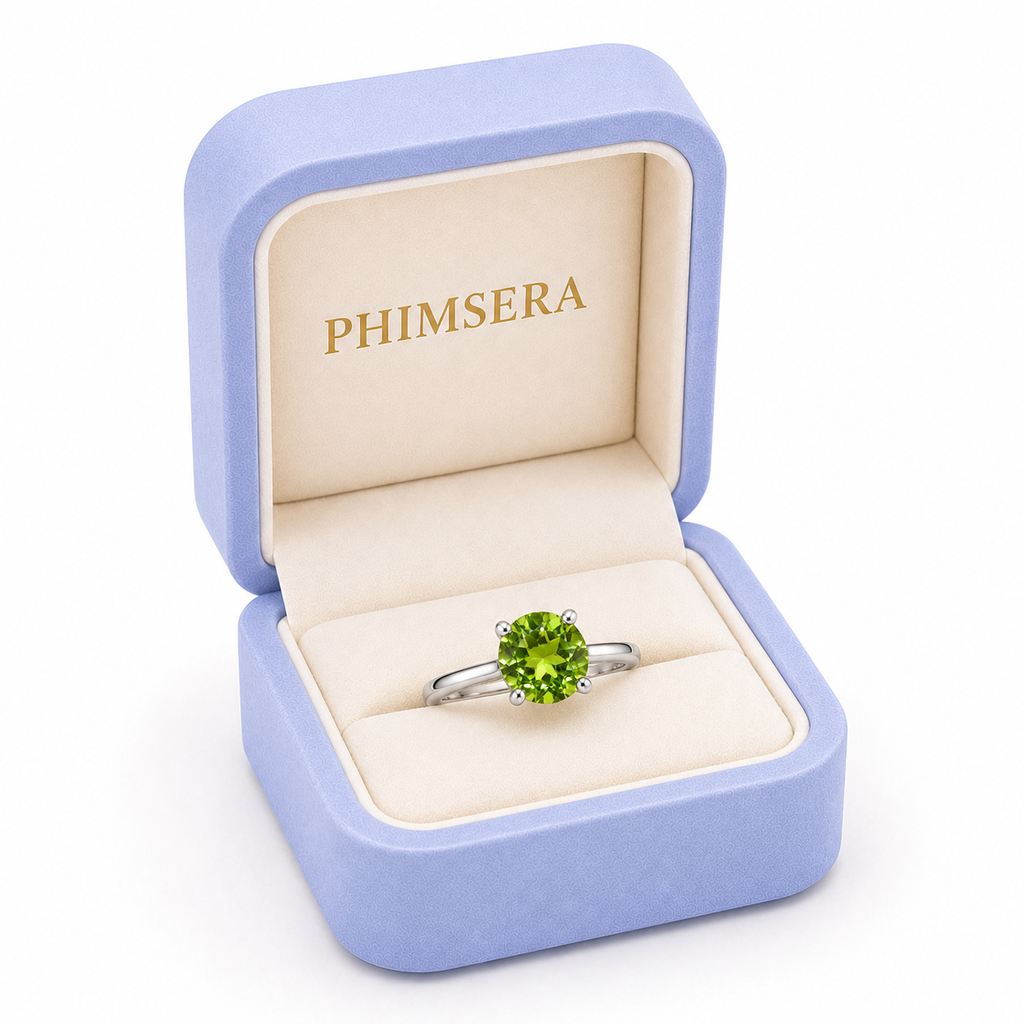 2CT Natural Peridot Birthstone Ring 8mm Platinum Plated Sterling Silver