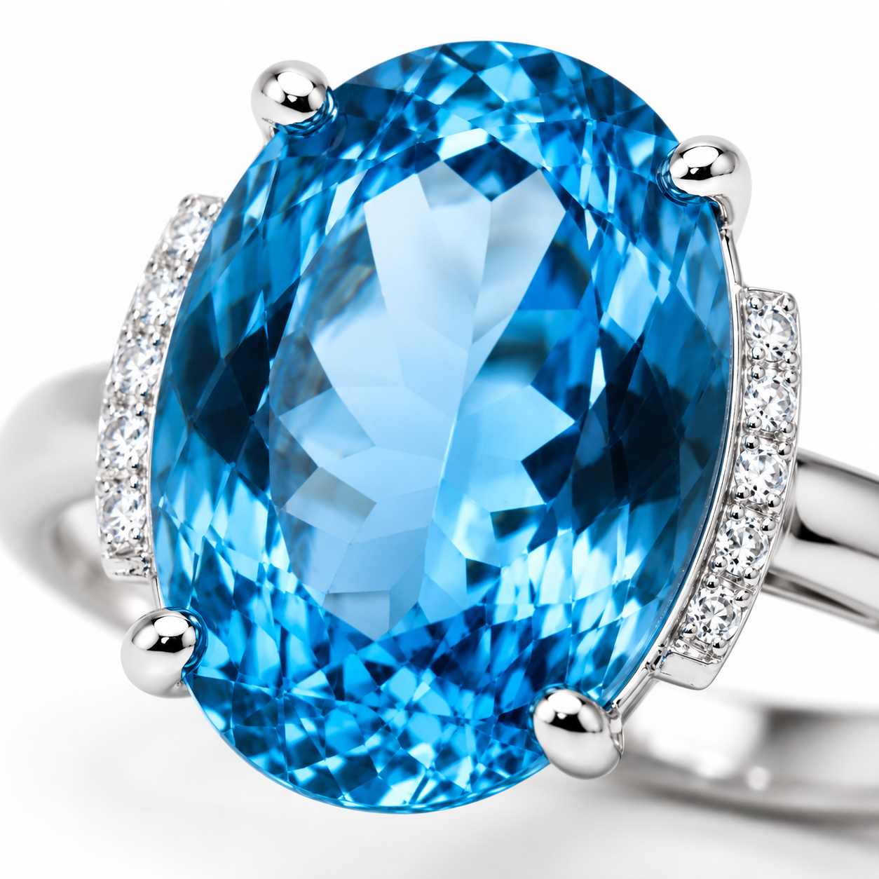 Natural Swiss Blue Topaz ring featuring a 12x16mm oval gemstone with cubic zirconia accents in platinum-plated sterling silver.