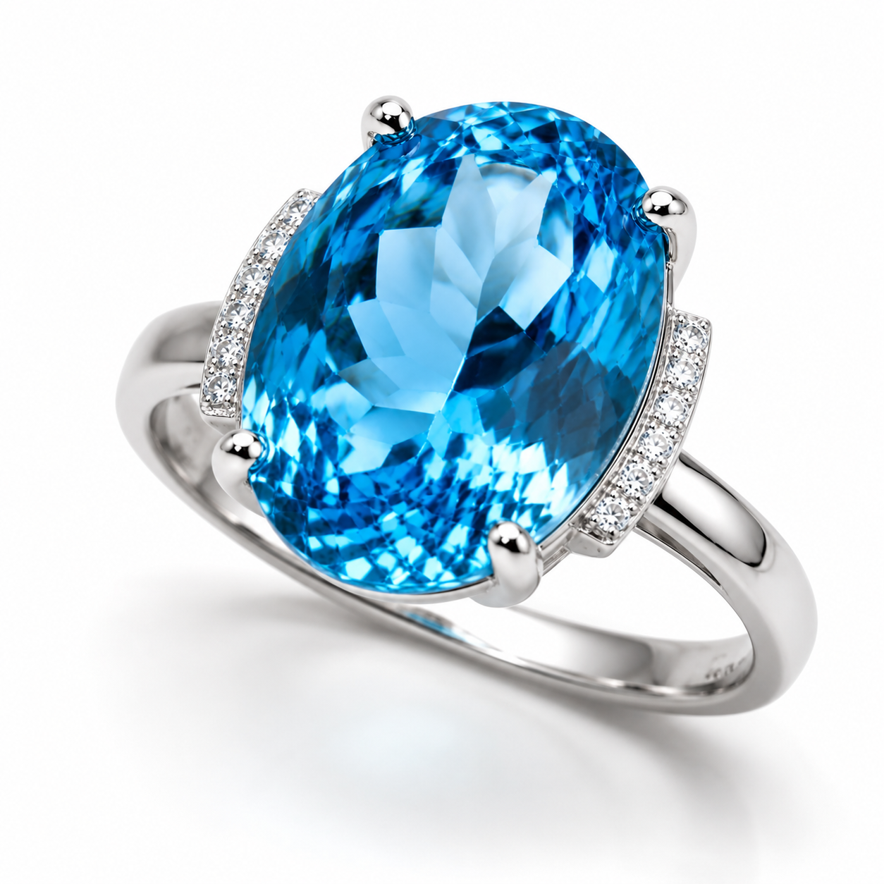 Natural Swiss Blue Topaz ring featuring a 12x16mm oval gemstone with cubic zirconia accents in platinum-plated sterling silver.