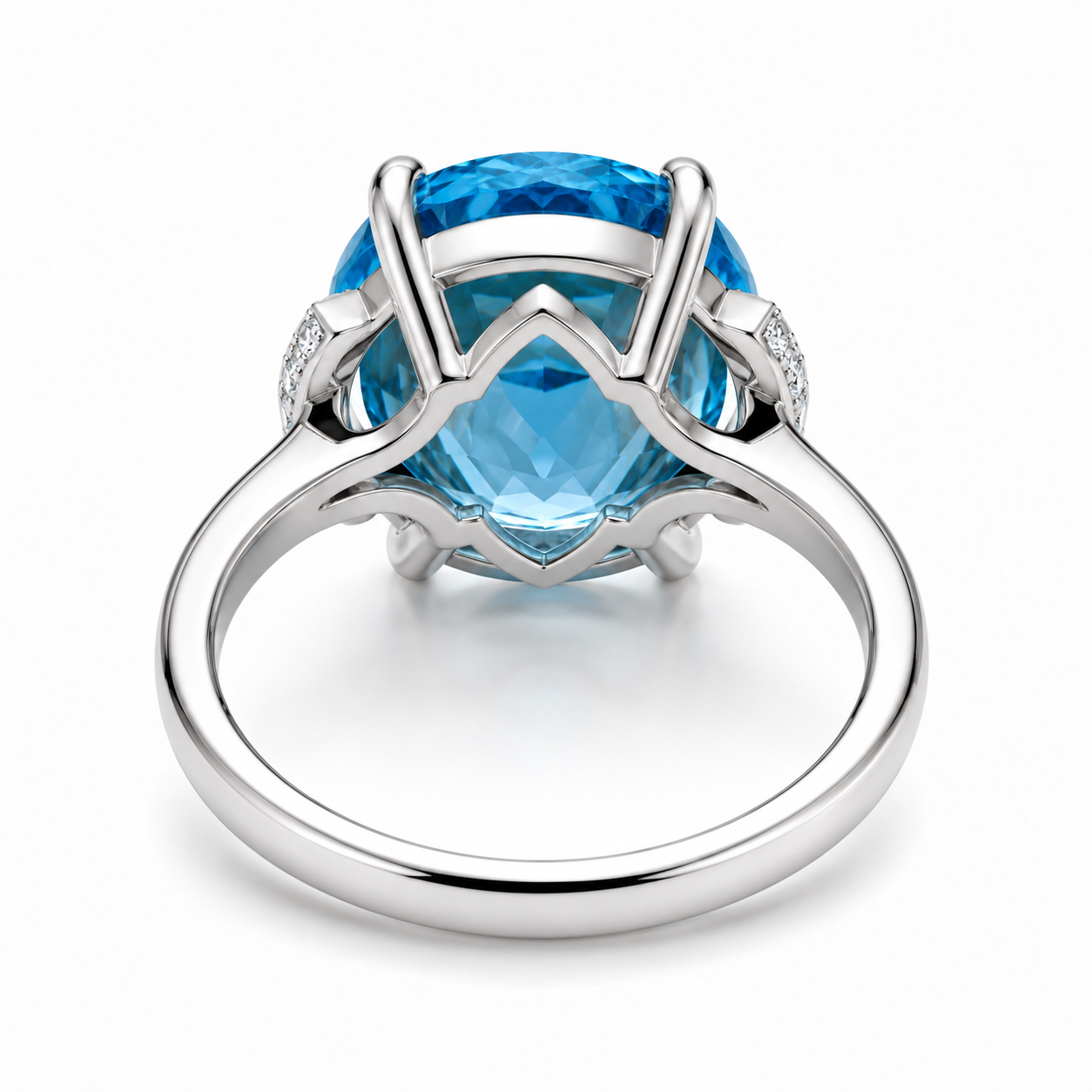 Natural Swiss Blue Topaz ring featuring a 12x16mm oval gemstone with cubic zirconia accents in platinum-plated sterling silver.