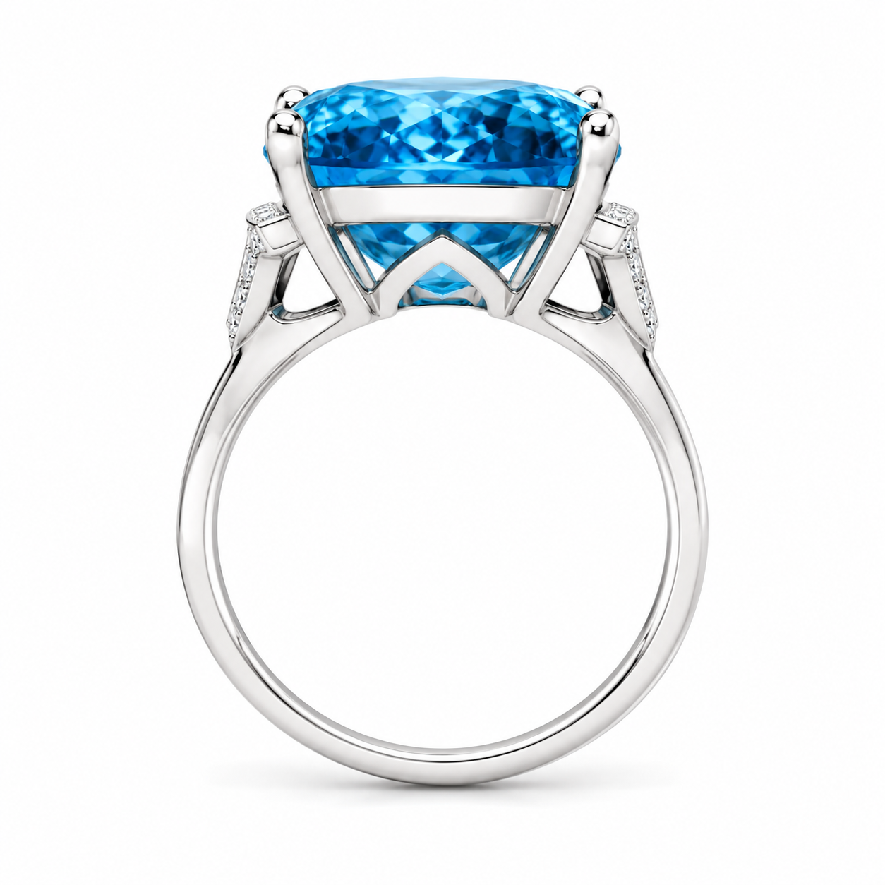 Natural Swiss Blue Topaz ring featuring a 12x16mm oval gemstone with cubic zirconia accents in platinum-plated sterling silver.