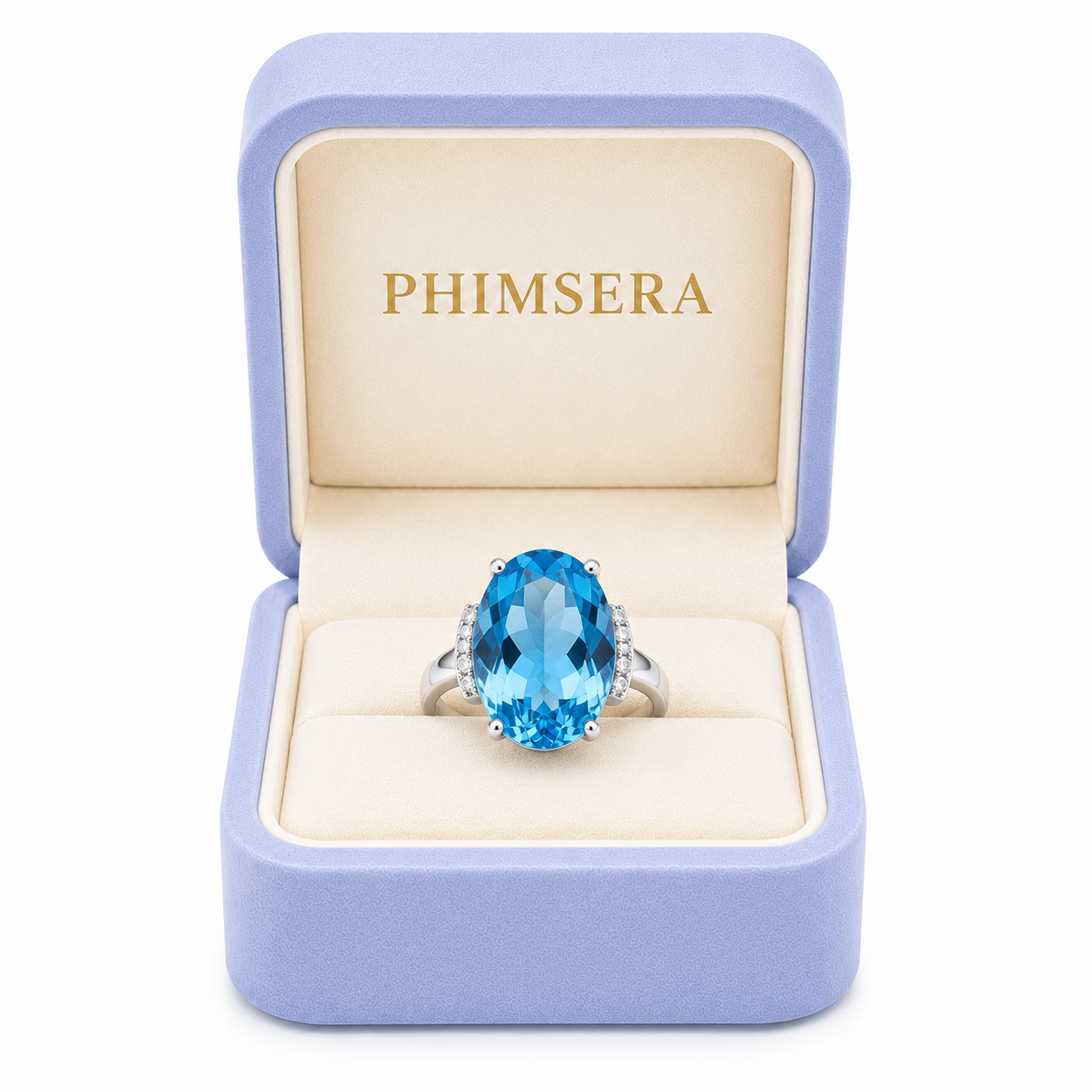 Natural Swiss Blue Topaz ring featuring a 12x16mm oval gemstone with cubic zirconia accents in platinum-plated sterling silver.