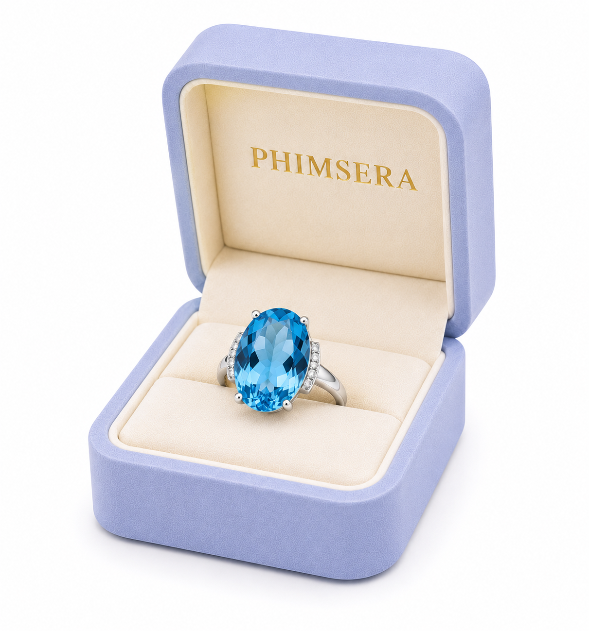 Natural Swiss Blue Topaz ring featuring a 12x16mm oval gemstone with cubic zirconia accents in platinum-plated sterling silver.