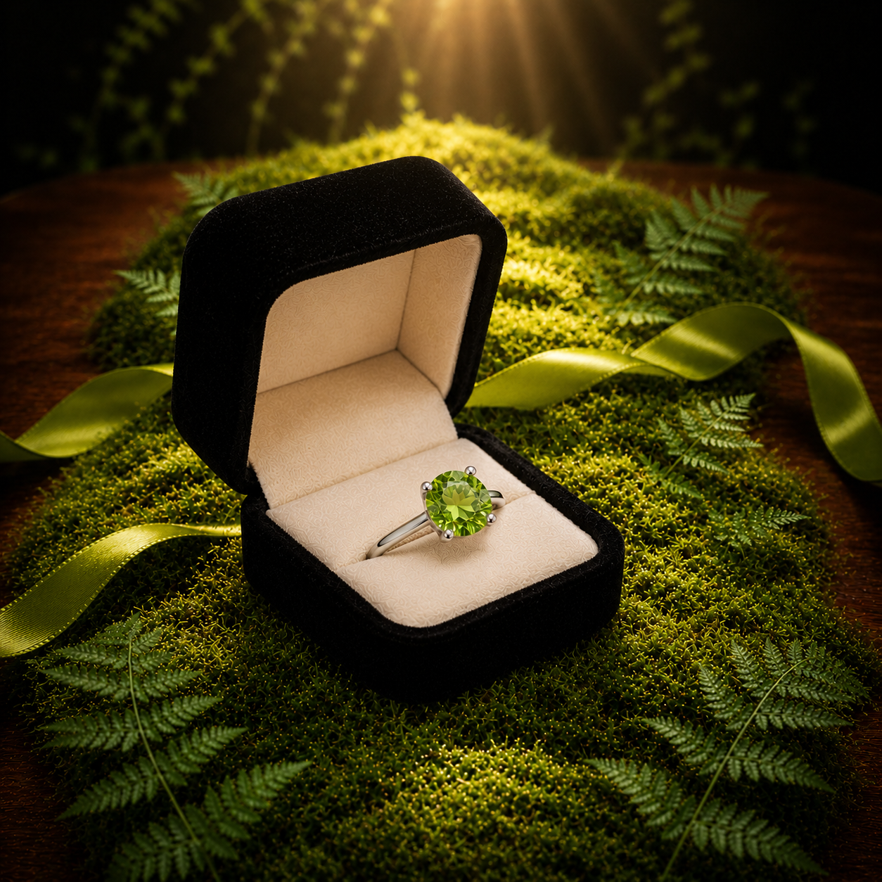 2CT Natural Peridot Birthstone Ring 8mm Platinum Plated Sterling Silver