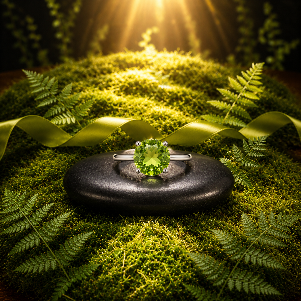 2CT Natural Peridot Birthstone Ring 8mm Platinum Plated Sterling Silver