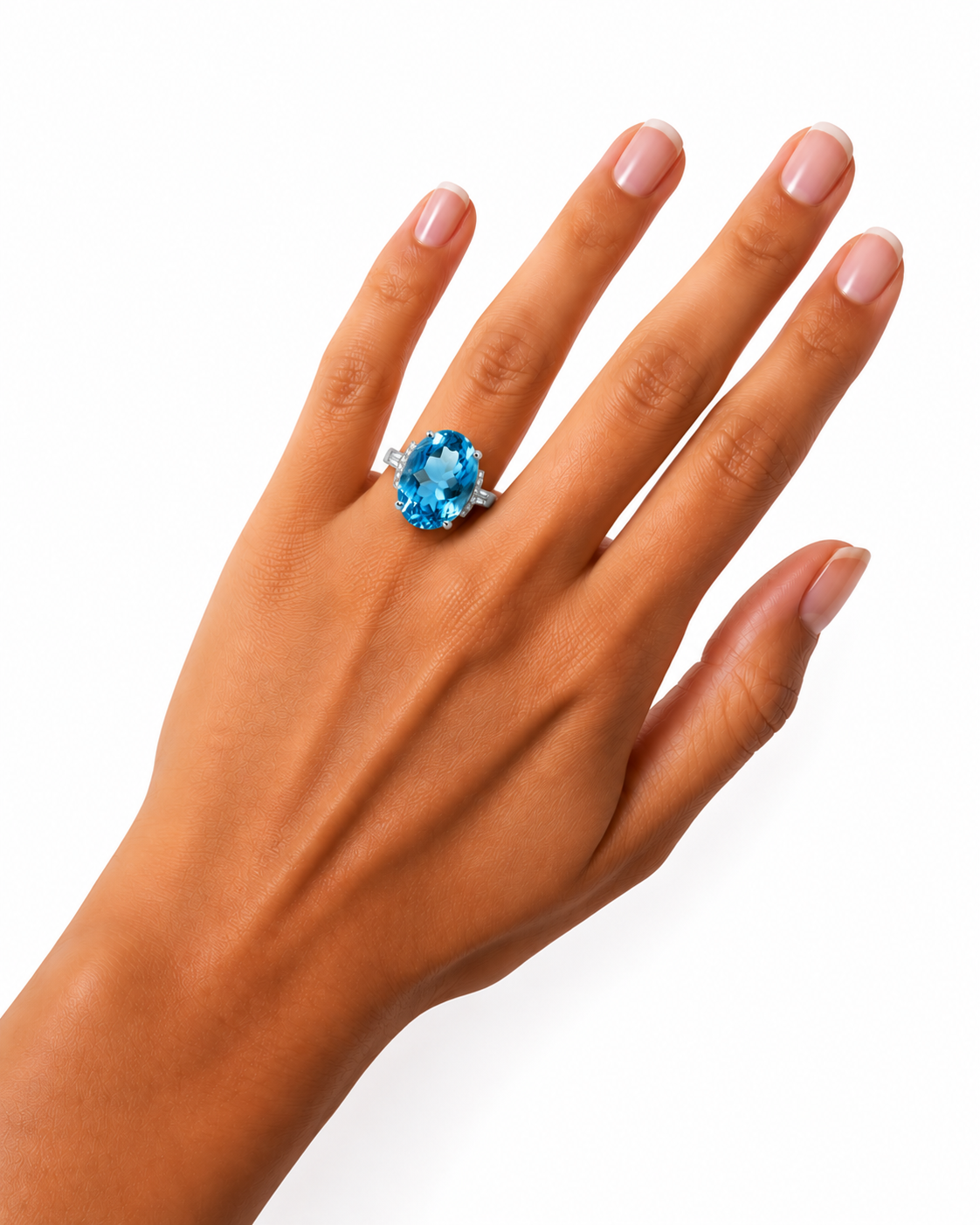 Natural Swiss Blue Topaz ring featuring a 12x16mm oval gemstone with cubic zirconia accents in platinum-plated sterling silver.