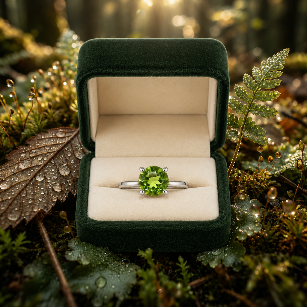 2CT Natural Peridot Birthstone Ring 8mm Platinum Plated Sterling Silver