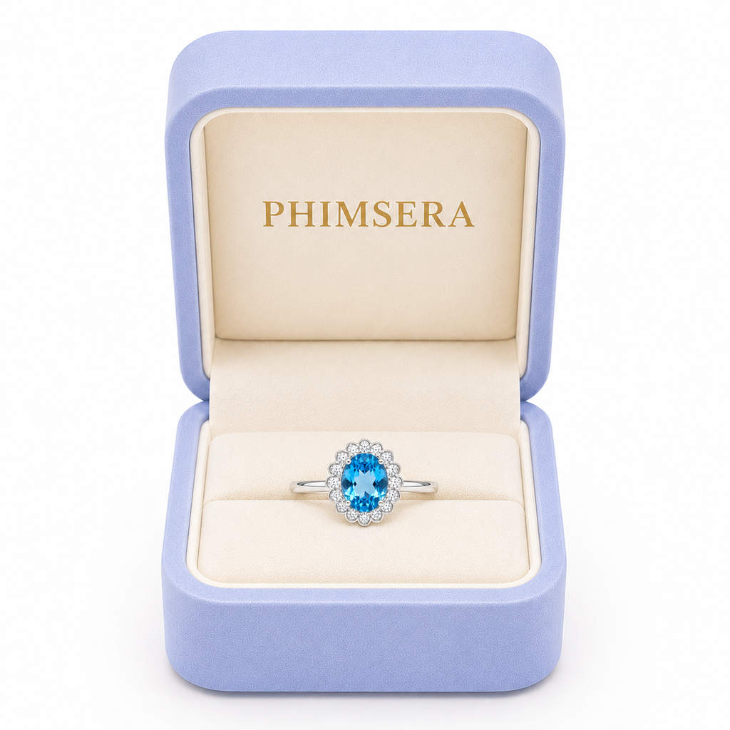 Blue Topaz Gemstone Ring Oval Cut 7x9mm