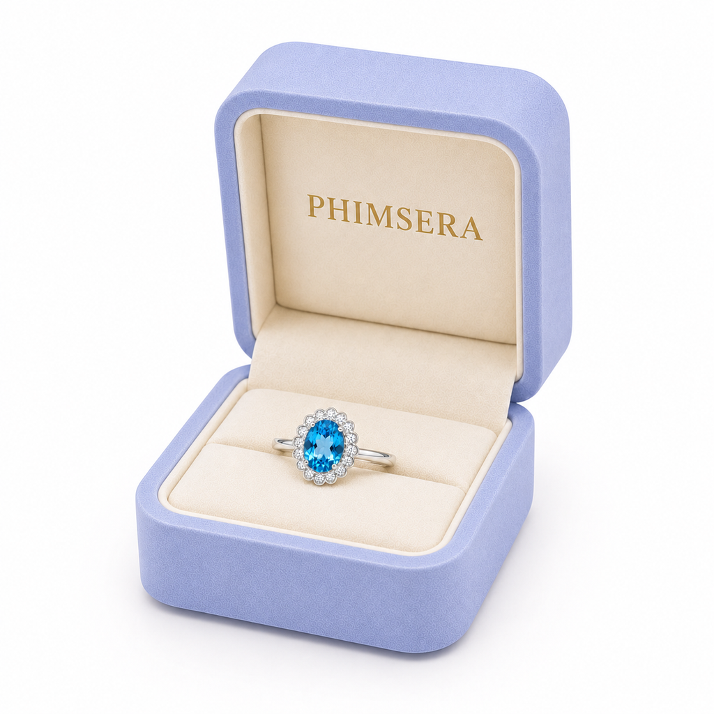 Blue Topaz Gemstone Ring Oval Cut 7x9mm