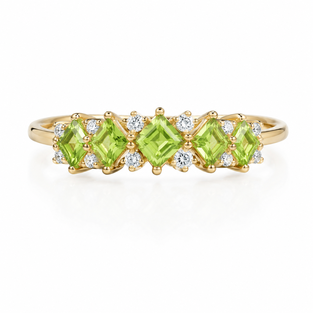 Natural Peridot Wedding Band Ring featuring five kite-cut genuine peridot gemstones with sparkling cubic zirconia accents in solid 925 sterling silver.