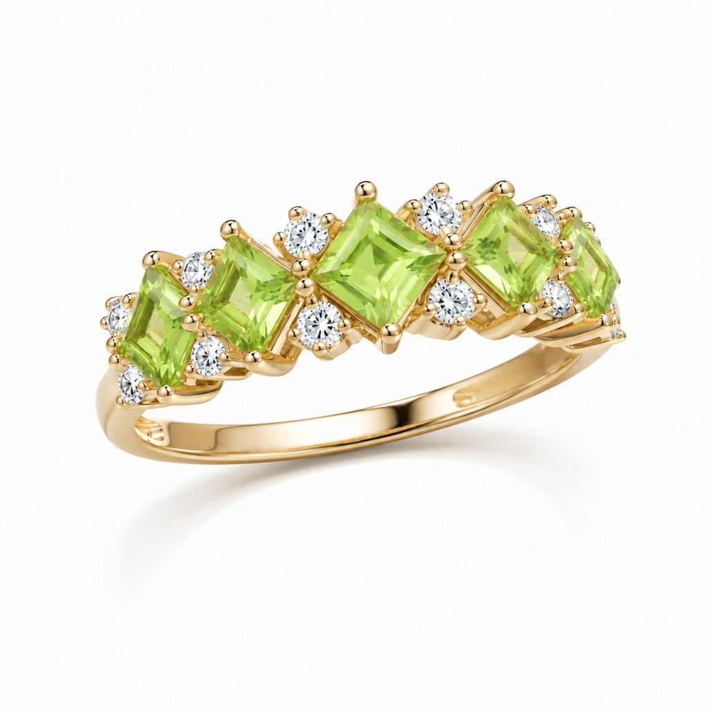 Natural Peridot Wedding Band Ring featuring five kite-cut genuine peridot gemstones with sparkling cubic zirconia accents in solid 925 sterling silver.