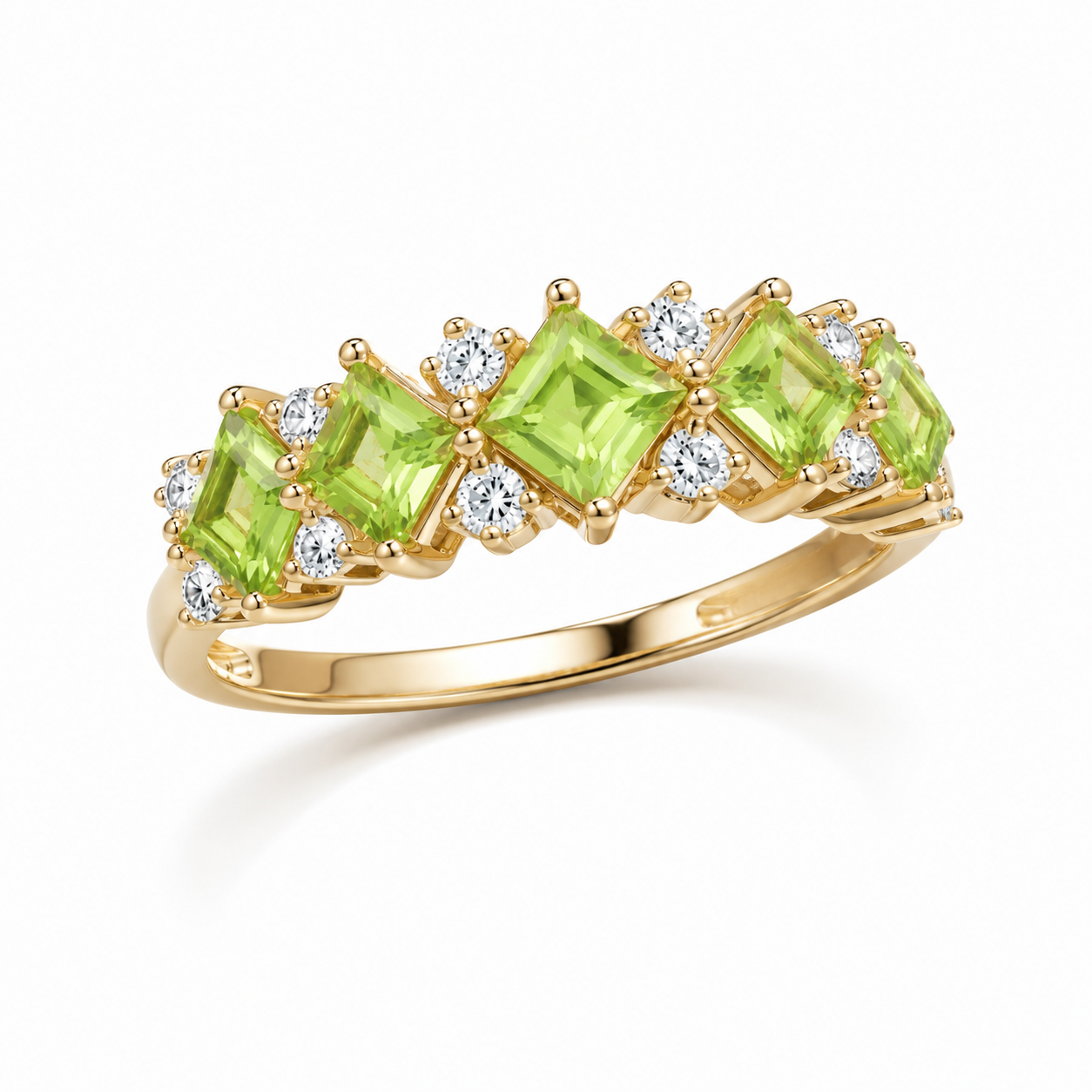 Natural Peridot Wedding Band Ring featuring five kite-cut genuine peridot gemstones with sparkling cubic zirconia accents in solid 925 sterling silver.