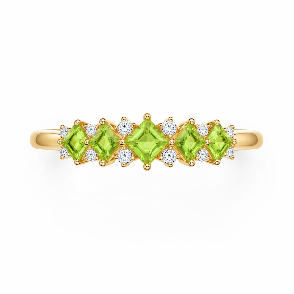 Natural Peridot Wedding Band Ring featuring five kite-cut genuine peridot gemstones with sparkling cubic zirconia accents in solid 925 sterling silver.