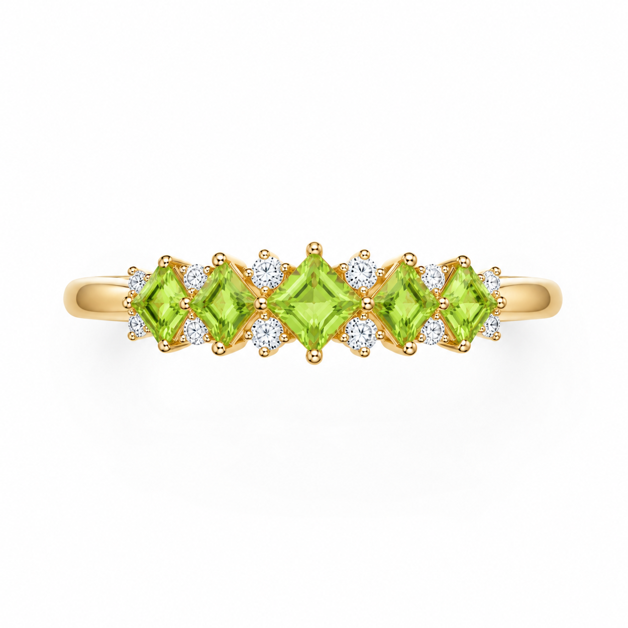 Natural Peridot Wedding Band Ring featuring five kite-cut genuine peridot gemstones with sparkling cubic zirconia accents in solid 925 sterling silver.