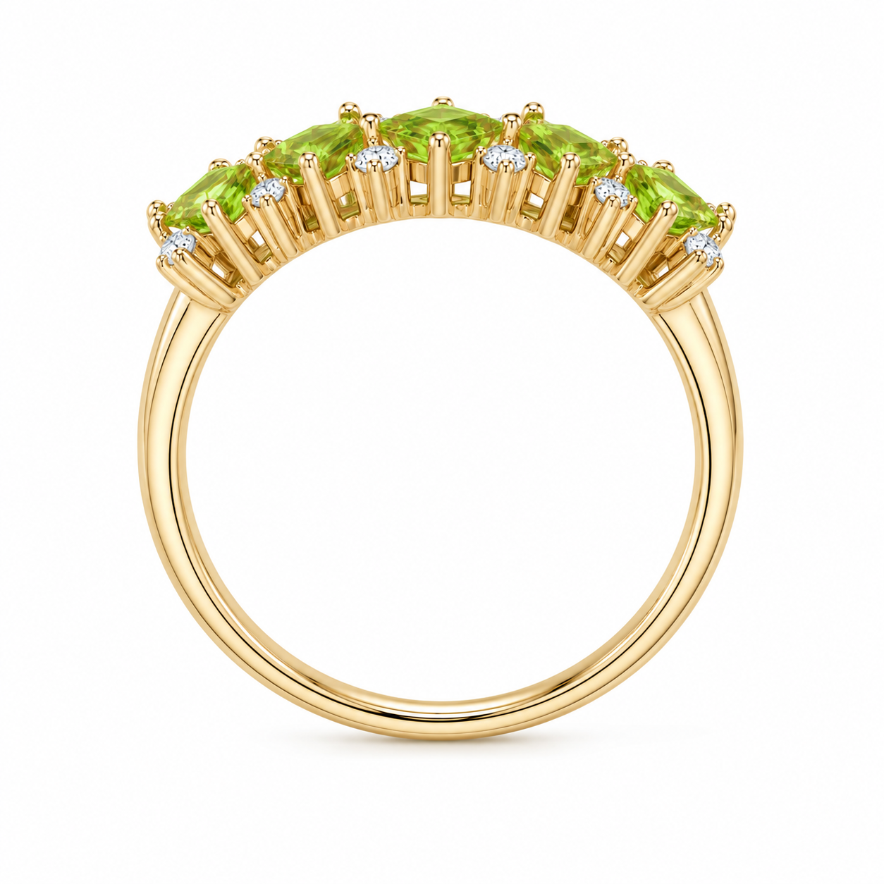 Natural Peridot Wedding Band Ring featuring five kite-cut genuine peridot gemstones with sparkling cubic zirconia accents in solid 925 sterling silver.
