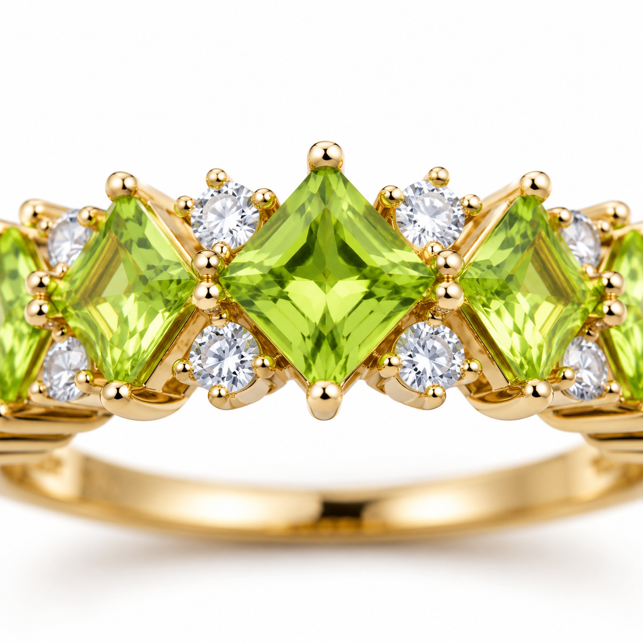 Natural Peridot Wedding Band Ring featuring five kite-cut genuine peridot gemstones with sparkling cubic zirconia accents in solid 925 sterling silver.