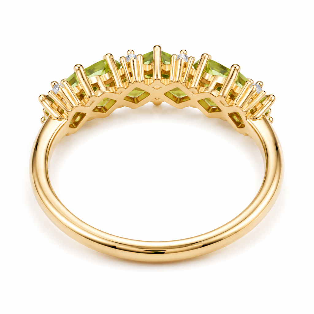 Natural Peridot Wedding Band Ring featuring five kite-cut genuine peridot gemstones with sparkling cubic zirconia accents in solid 925 sterling silver.