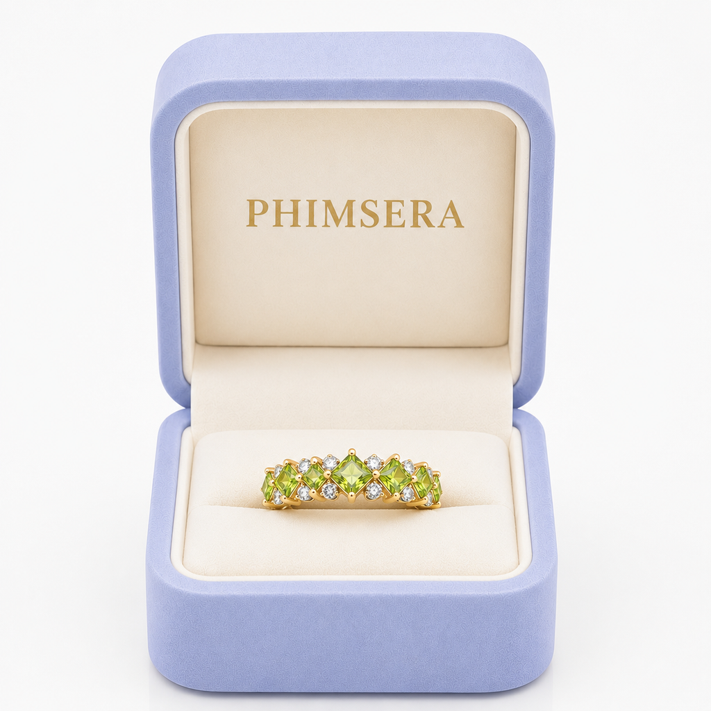 Natural Peridot Wedding Band Ring featuring five kite-cut genuine peridot gemstones with sparkling cubic zirconia accents in solid 925 sterling silver.