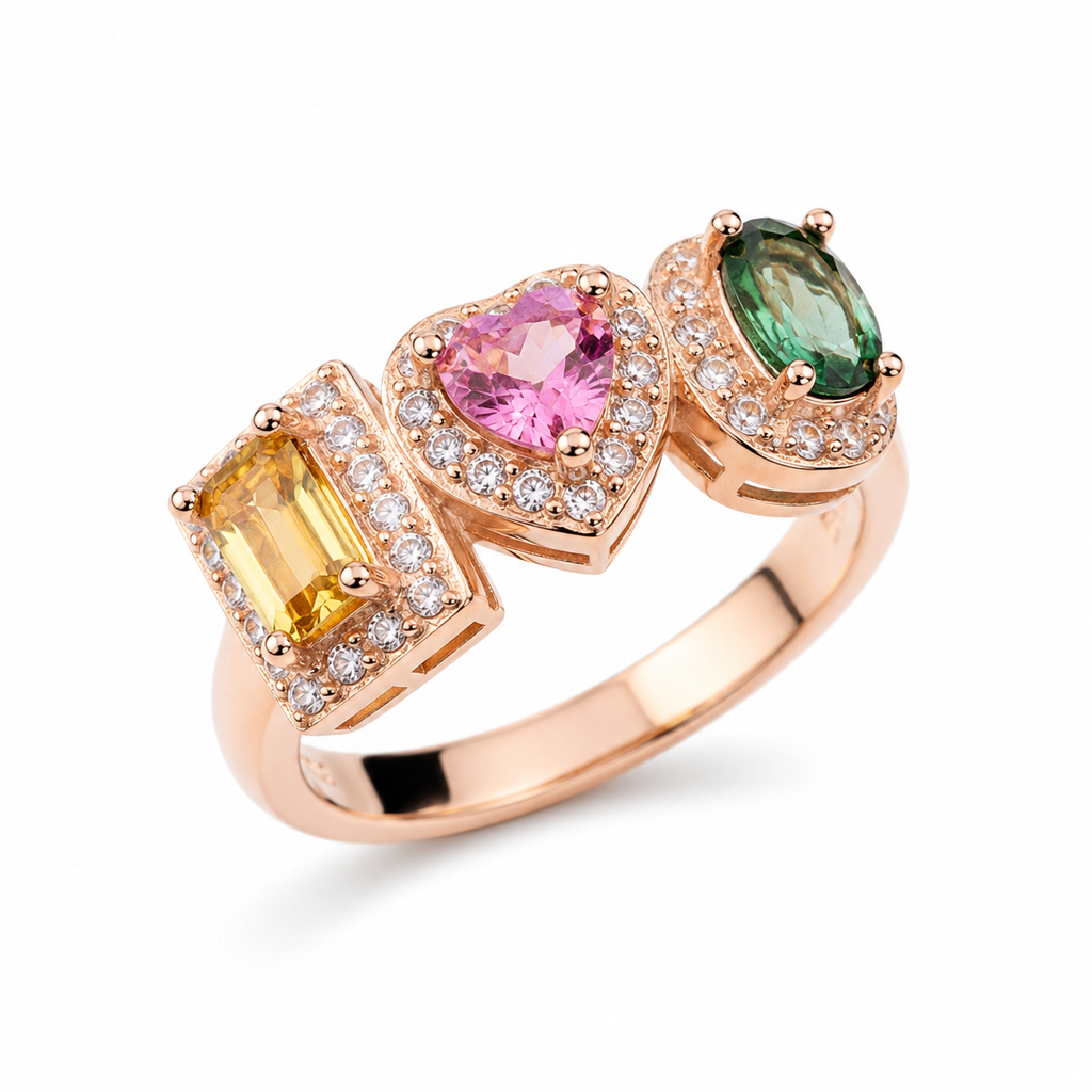 Natural Brazilian Multi Tourmaline Ring with emerald-cut, heart, and oval gemstones in 925 sterling silver with cubic zirconia accents by PHIMSERA