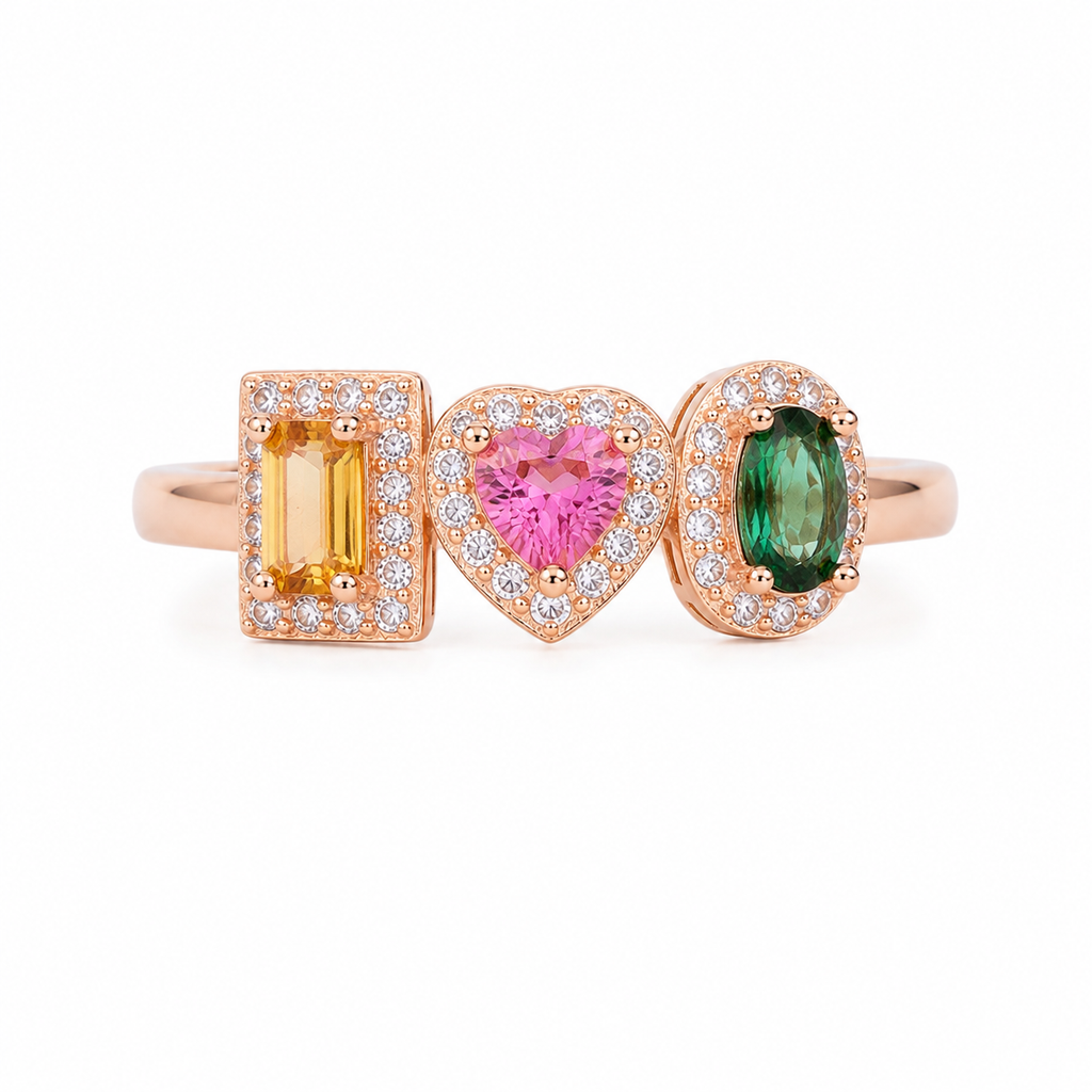 Natural Brazilian Multi Tourmaline Ring with emerald-cut, heart, and oval gemstones in 925 sterling silver with cubic zirconia accents by PHIMSERA