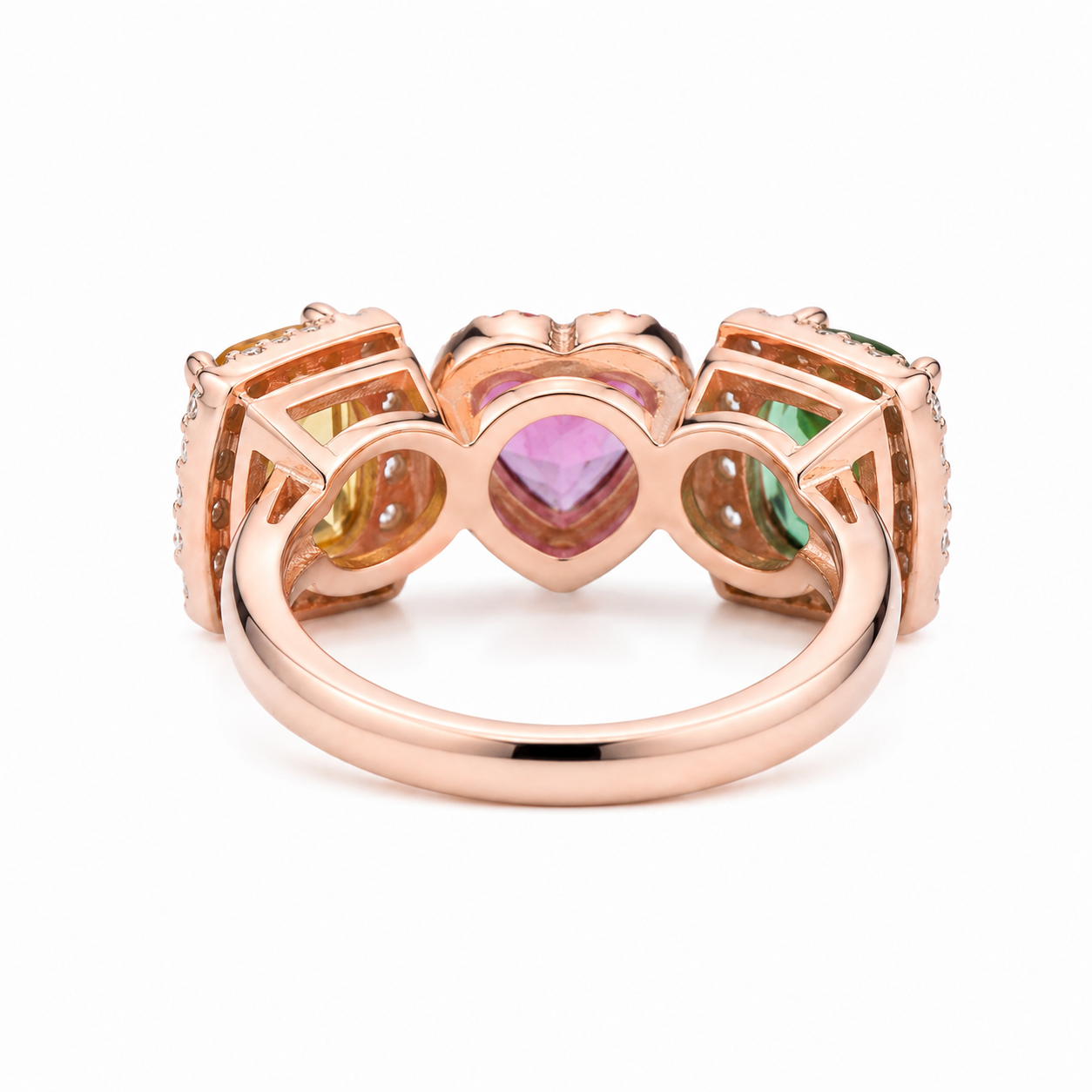 Natural Brazilian Multi Tourmaline Ring with emerald-cut, heart, and oval gemstones in 925 sterling silver with cubic zirconia accents by PHIMSERA