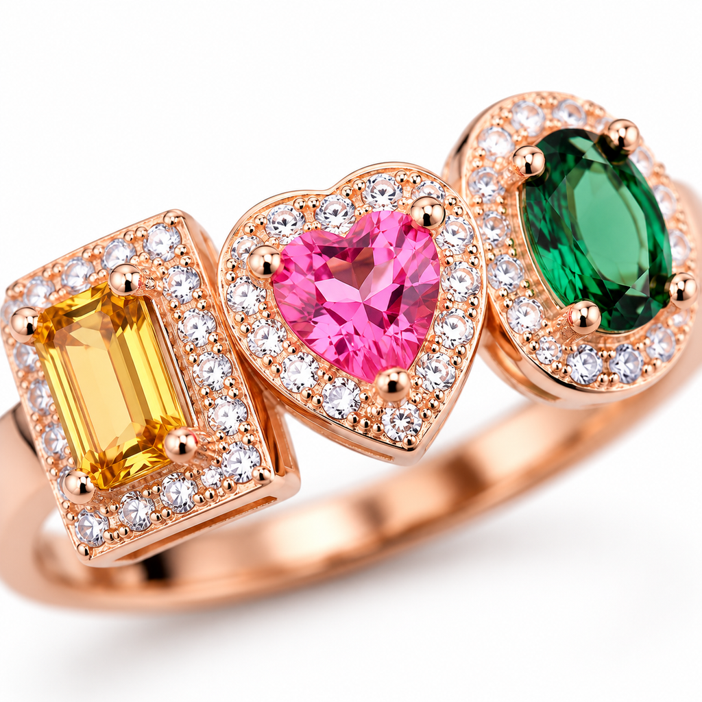 Natural Brazilian Multi Tourmaline Ring with emerald-cut, heart, and oval gemstones in 925 sterling silver with cubic zirconia accents by PHIMSERA