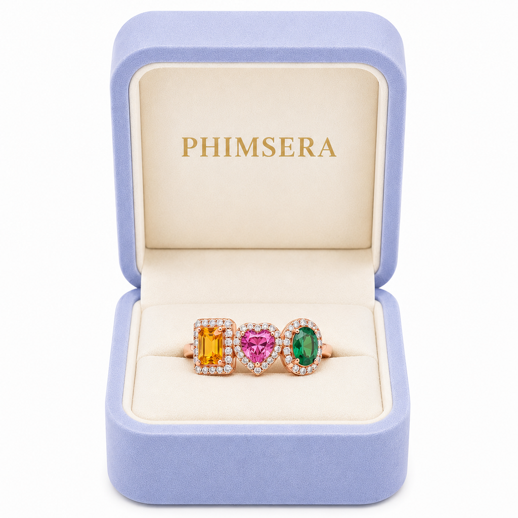 Natural Brazilian Multi Tourmaline Ring with emerald-cut, heart, and oval gemstones in 925 sterling silver with cubic zirconia accents by PHIMSERA