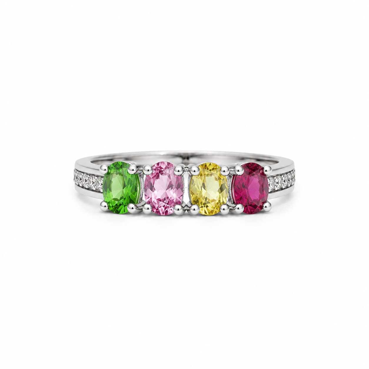 Natural Multi Tourmaline Ring with 3x4mm colorful gemstones and cubic zirconia accents in 925 sterling silver with platinum plated finish by PHIMSERA
