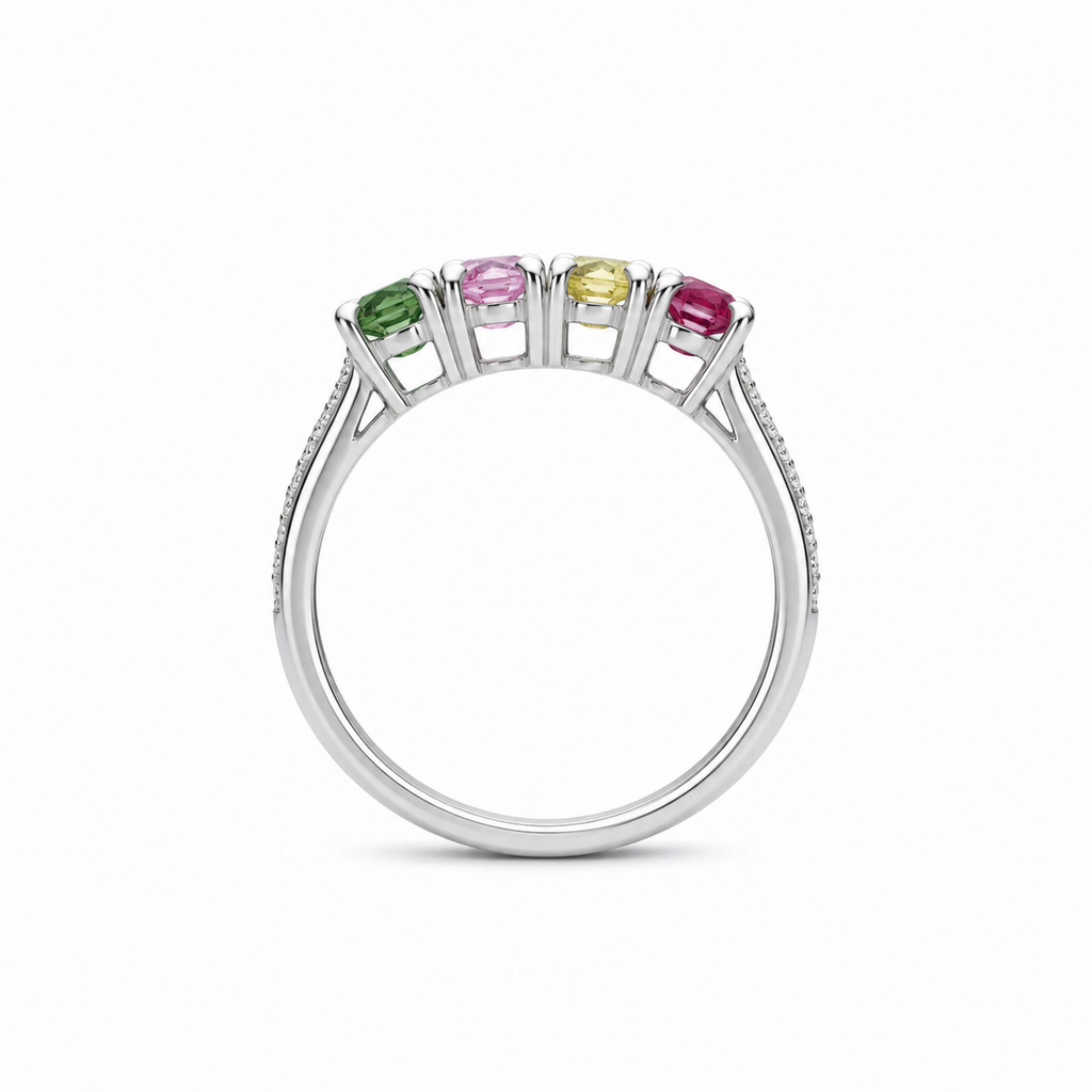 Natural Multi Tourmaline Ring with 3x4mm colorful gemstones and cubic zirconia accents in 925 sterling silver with platinum plated finish by PHIMSERA