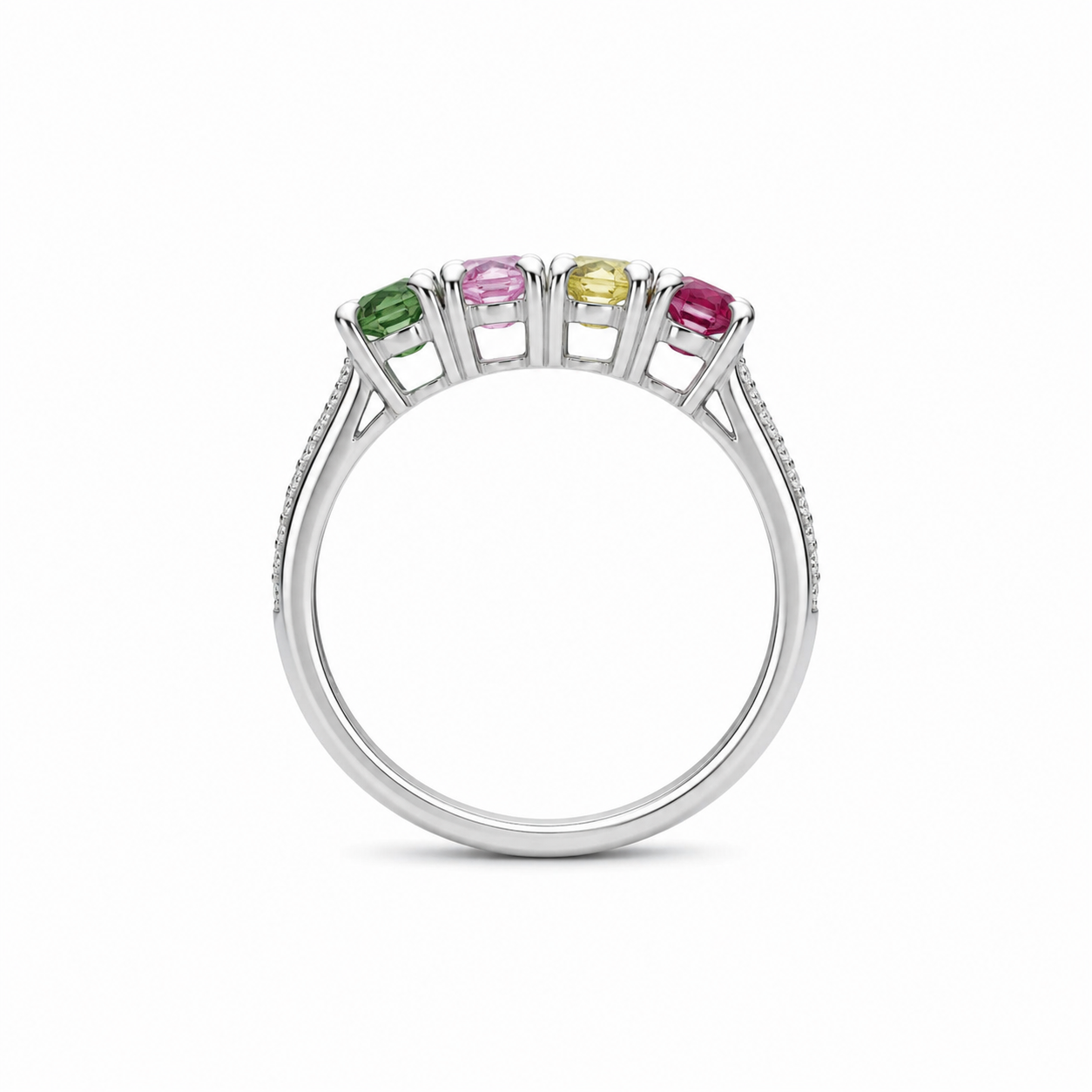 Natural Multi Tourmaline Ring with 3x4mm colorful gemstones and cubic zirconia accents in 925 sterling silver with platinum plated finish by PHIMSERA