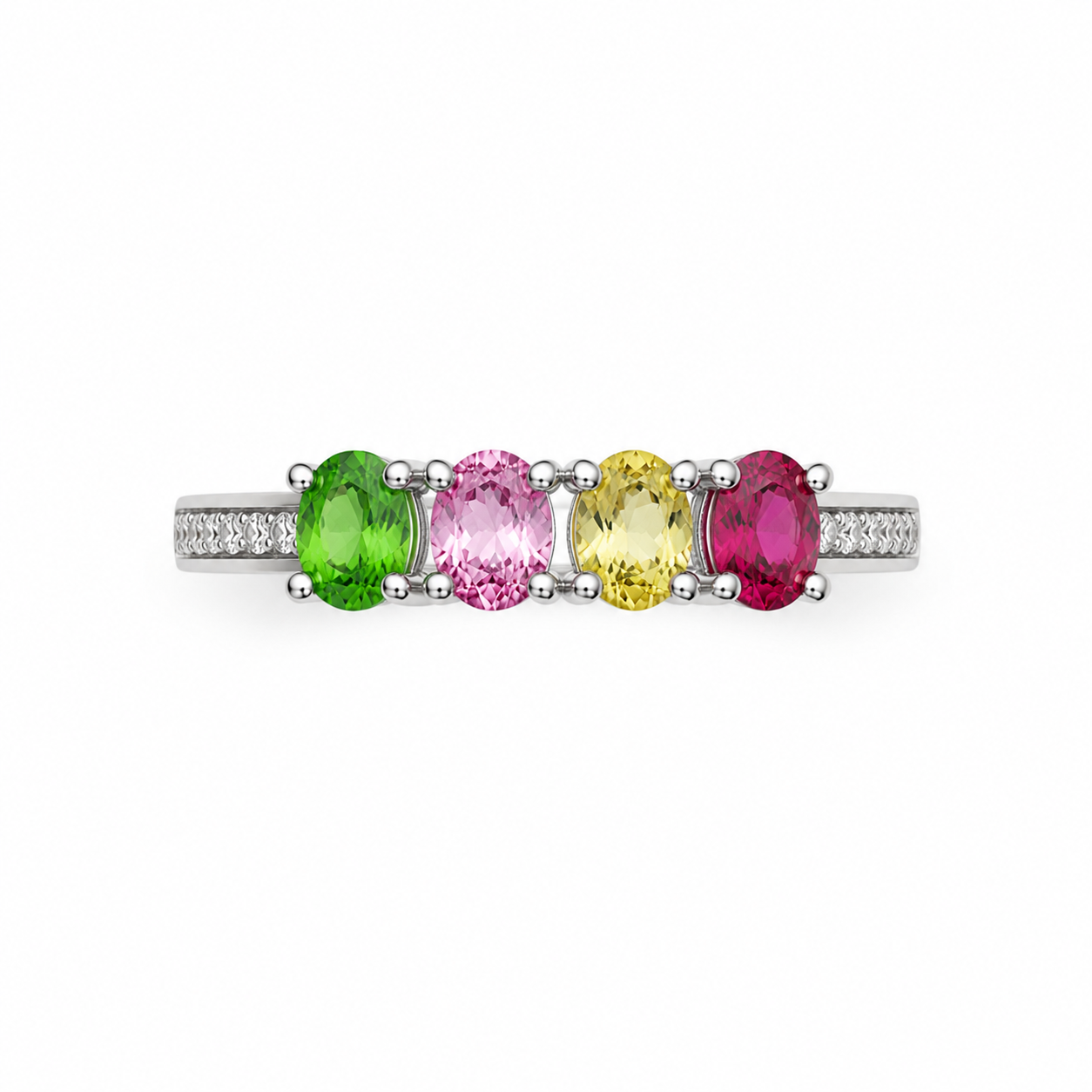 Natural Multi Tourmaline Ring with 3x4mm colorful gemstones and cubic zirconia accents in 925 sterling silver with platinum plated finish by PHIMSERA