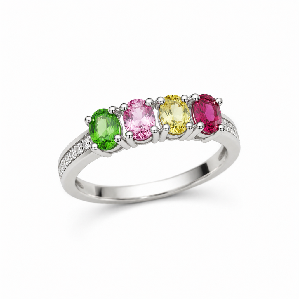 Natural Multi Tourmaline Ring with 3x4mm colorful gemstones and cubic zirconia accents in 925 sterling silver with platinum plated finish by PHIMSERA