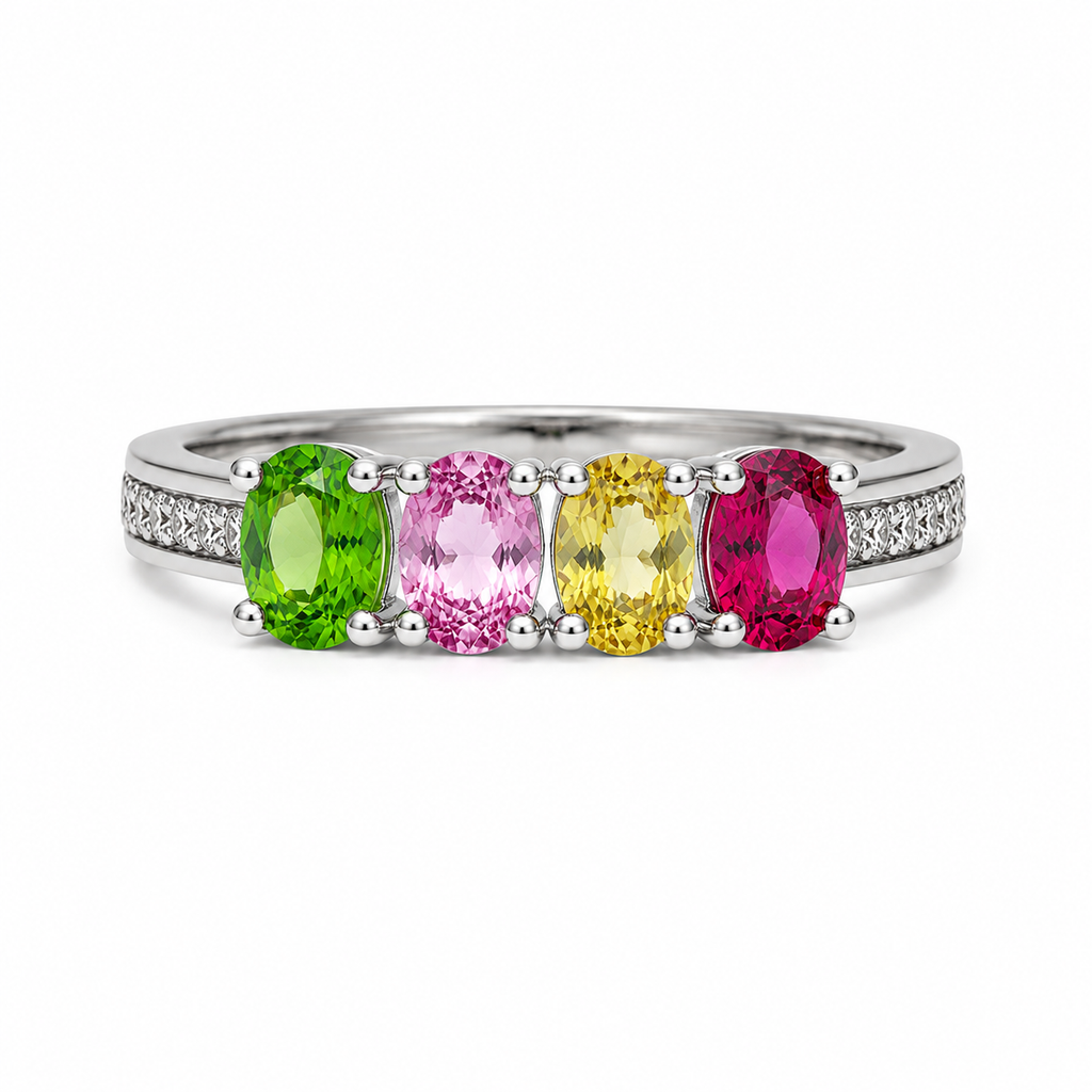 Natural Multi Tourmaline Ring with 3x4mm colorful gemstones and cubic zirconia accents in 925 sterling silver with platinum plated finish by PHIMSERA