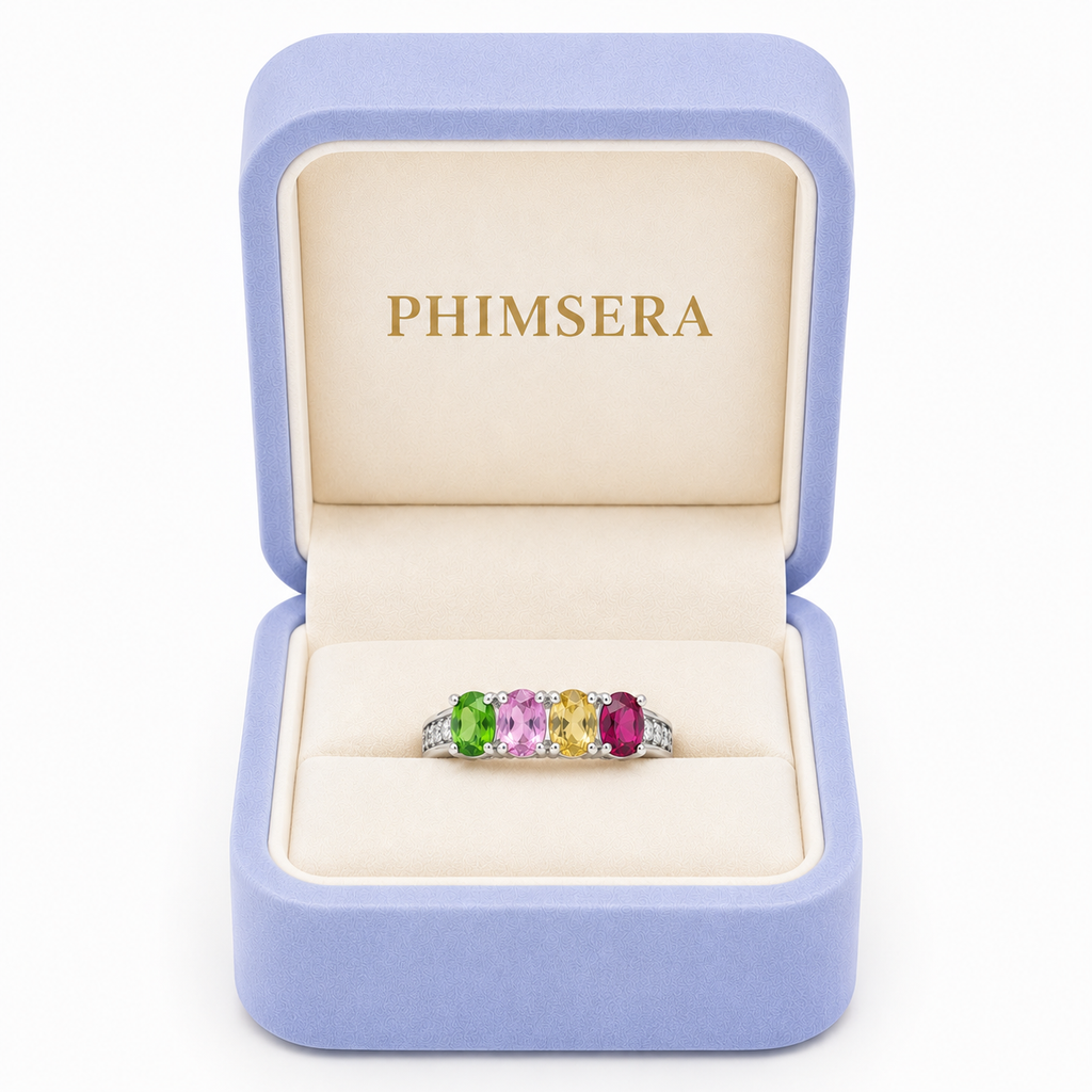 Natural Multi Tourmaline Ring with 3x4mm colorful gemstones and cubic zirconia accents in 925 sterling silver with platinum plated finish by PHIMSERA