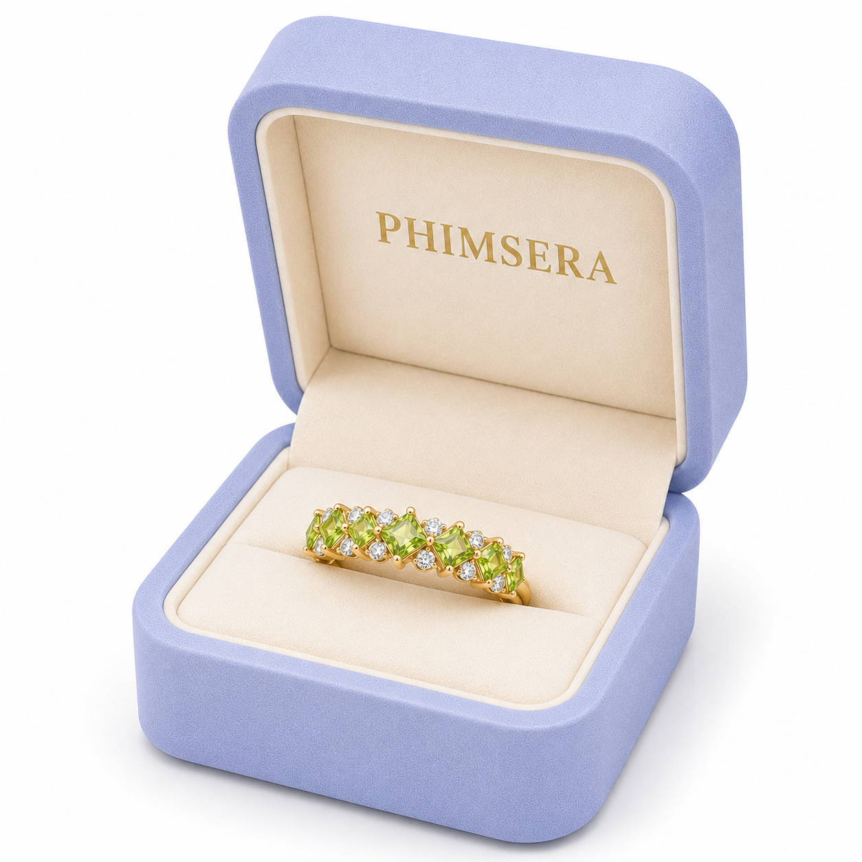 Natural Peridot Wedding Band Ring featuring five kite-cut genuine peridot gemstones with sparkling cubic zirconia accents in solid 925 sterling silver.