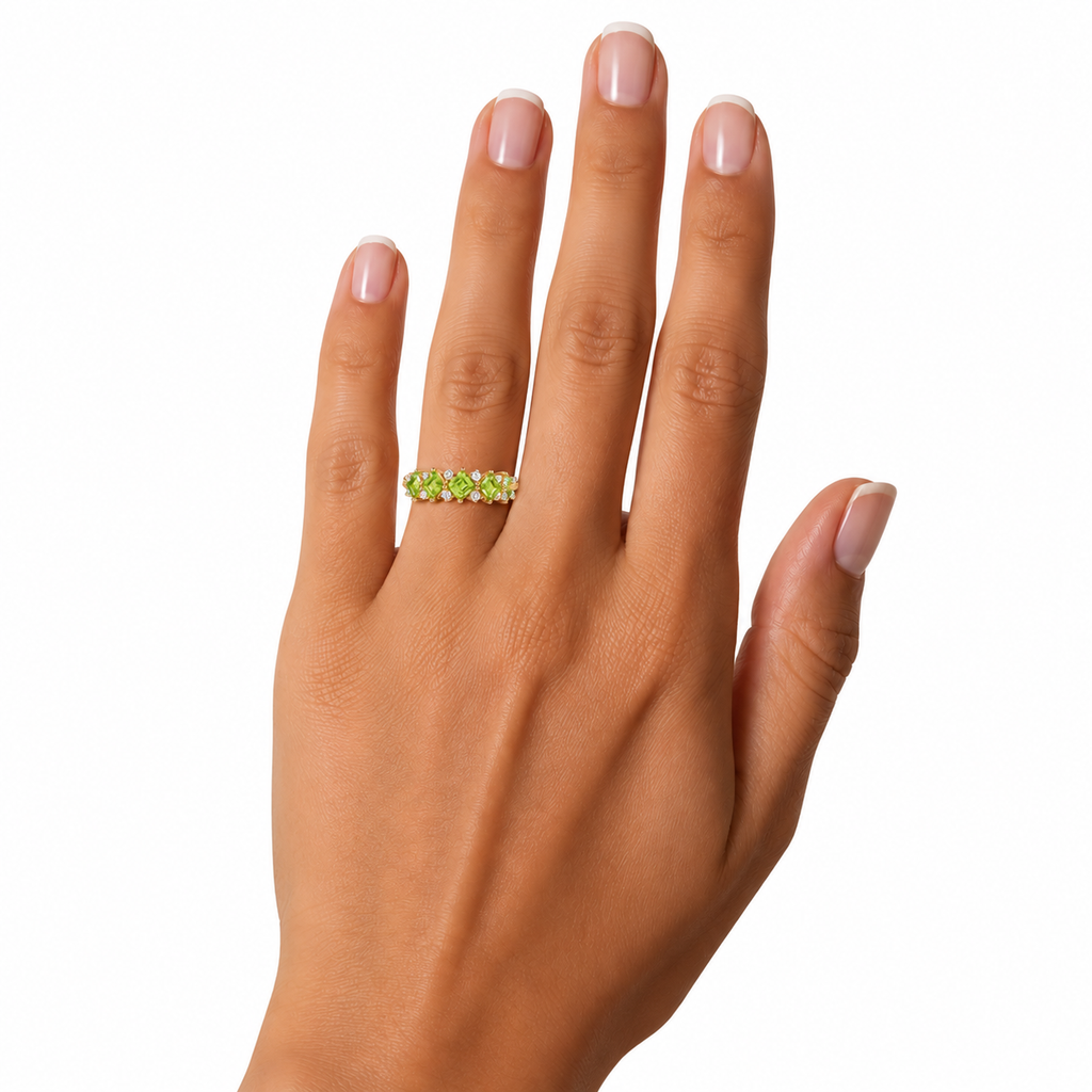 Natural Peridot Wedding Band Ring featuring five kite-cut genuine peridot gemstones with sparkling cubic zirconia accents in solid 925 sterling silver.