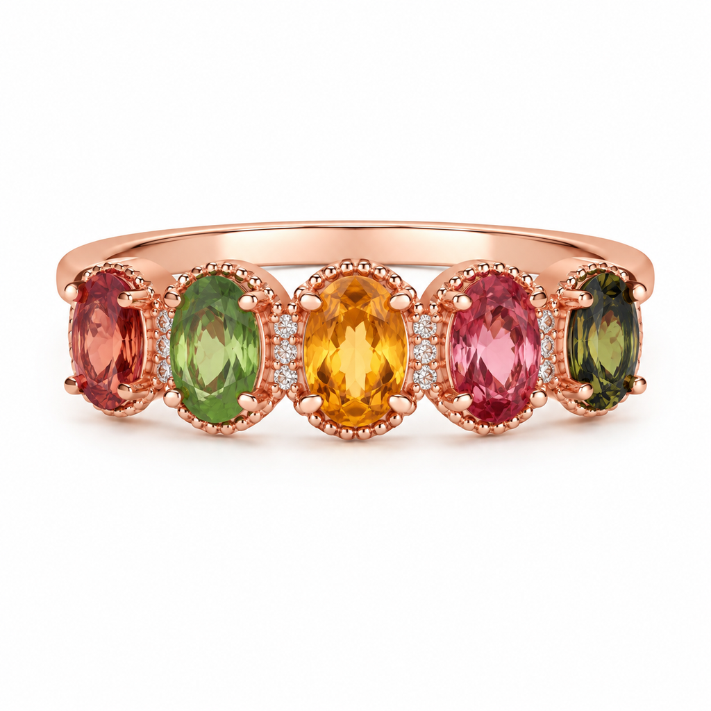 Natural Multi Tourmaline Statement Ring with 4x6mm oval colorful gemstones and cubic zirconia accents in 925 sterling silver with platinum plated finish by PHIMSERA