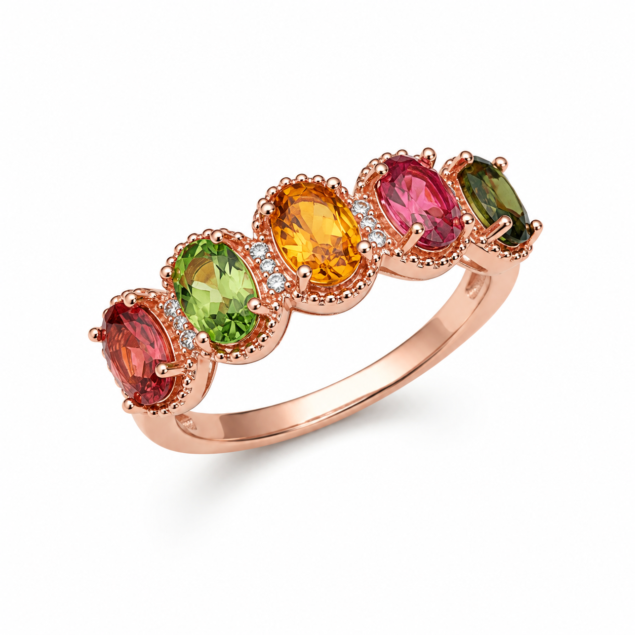 Natural Multi Tourmaline Statement Ring with 4x6mm oval colorful gemstones and cubic zirconia accents in 925 sterling silver with platinum plated finish by PHIMSERA