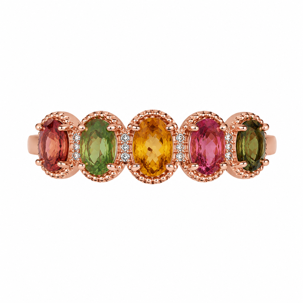 Natural Multi Tourmaline Statement Ring with 4x6mm oval colorful gemstones and cubic zirconia accents in 925 sterling silver with platinum plated finish by PHIMSERA