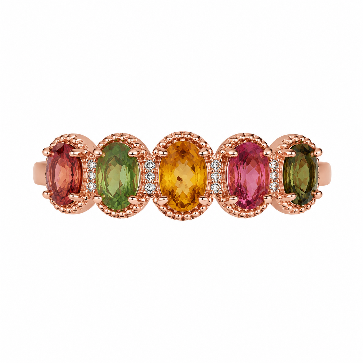 Natural Multi Tourmaline Statement Ring with 4x6mm oval colorful gemstones and cubic zirconia accents in 925 sterling silver with platinum plated finish by PHIMSERA