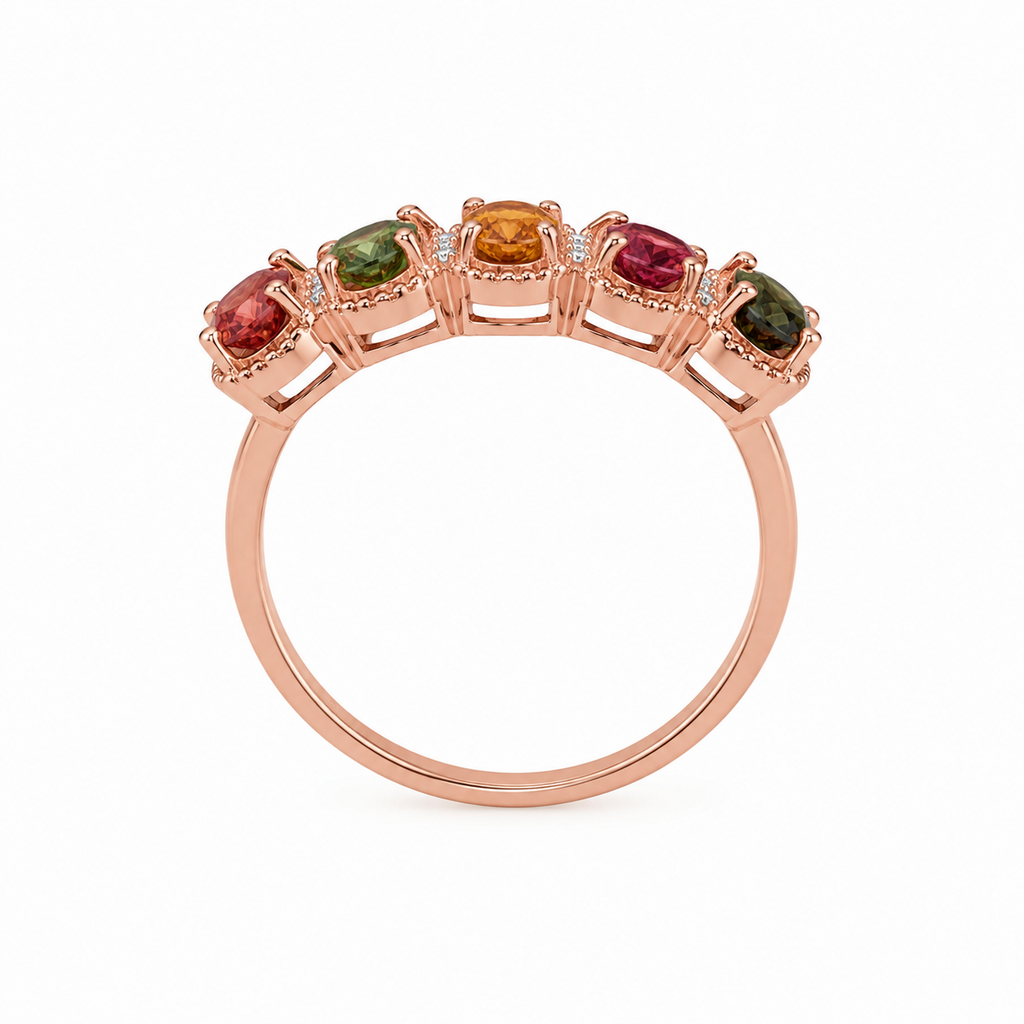 Natural Multi Tourmaline Statement Ring with 4x6mm oval colorful gemstones and cubic zirconia accents in 925 sterling silver with platinum plated finish by PHIMSERA