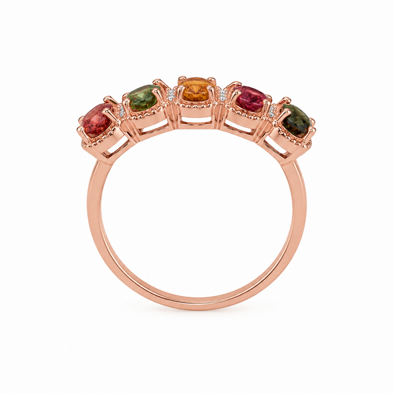 Natural Multi Tourmaline Statement Ring with 4x6mm oval colorful gemstones and cubic zirconia accents in 925 sterling silver with platinum plated finish by PHIMSERA