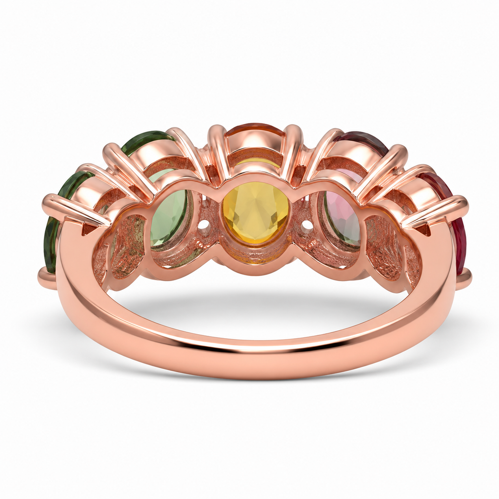 Natural Multi Tourmaline Statement Ring with 4x6mm oval colorful gemstones and cubic zirconia accents in 925 sterling silver with platinum plated finish by PHIMSERA