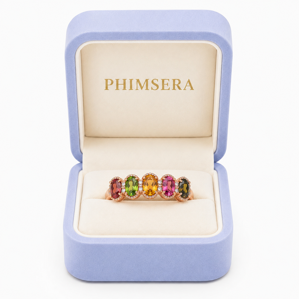 Natural Multi Tourmaline Statement Ring with 4x6mm oval colorful gemstones and cubic zirconia accents in 925 sterling silver with platinum plated finish by PHIMSERA