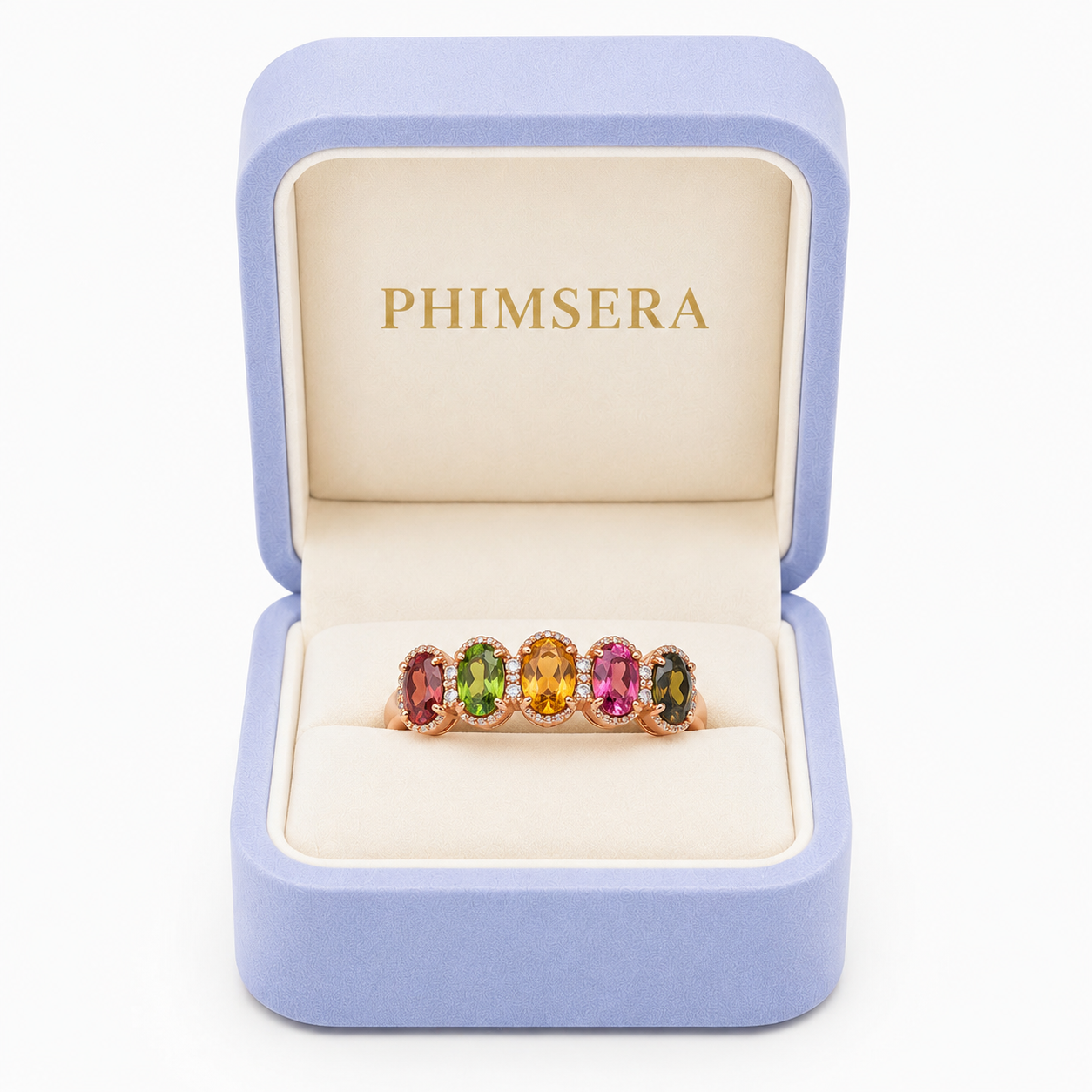 Natural Multi Tourmaline Statement Ring with 4x6mm oval colorful gemstones and cubic zirconia accents in 925 sterling silver with platinum plated finish by PHIMSERA