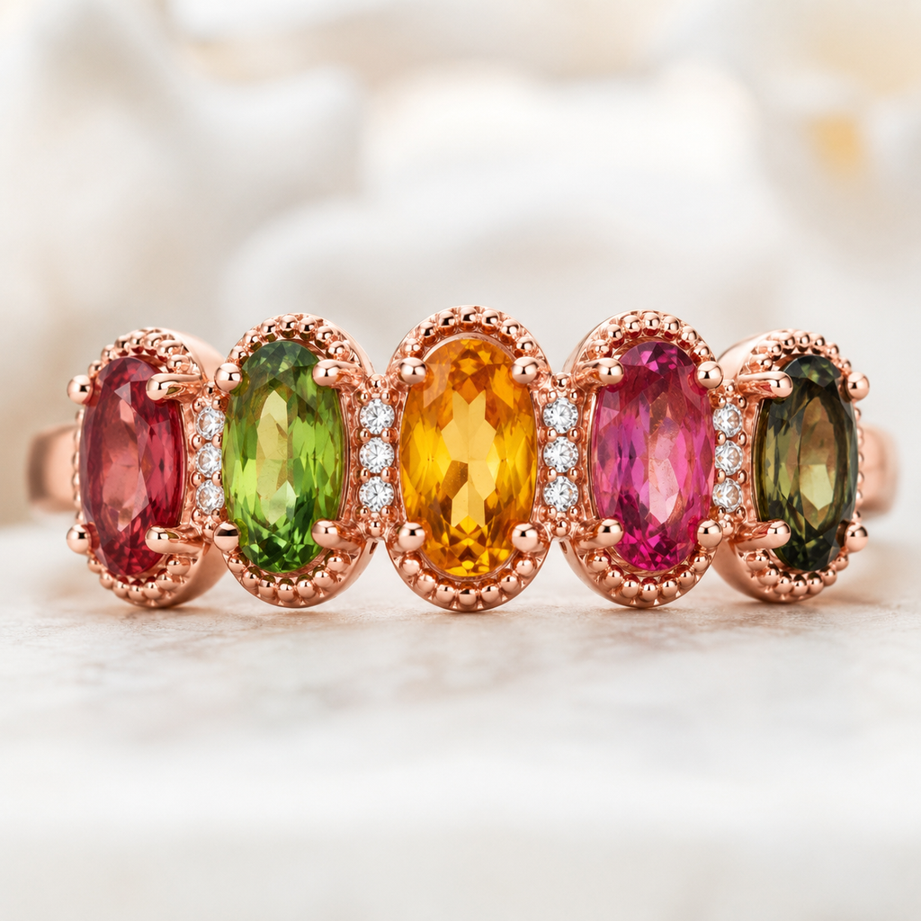 Natural Multi Tourmaline Statement Ring with 4x6mm oval colorful gemstones and cubic zirconia accents in 925 sterling silver with platinum plated finish by PHIMSERA
