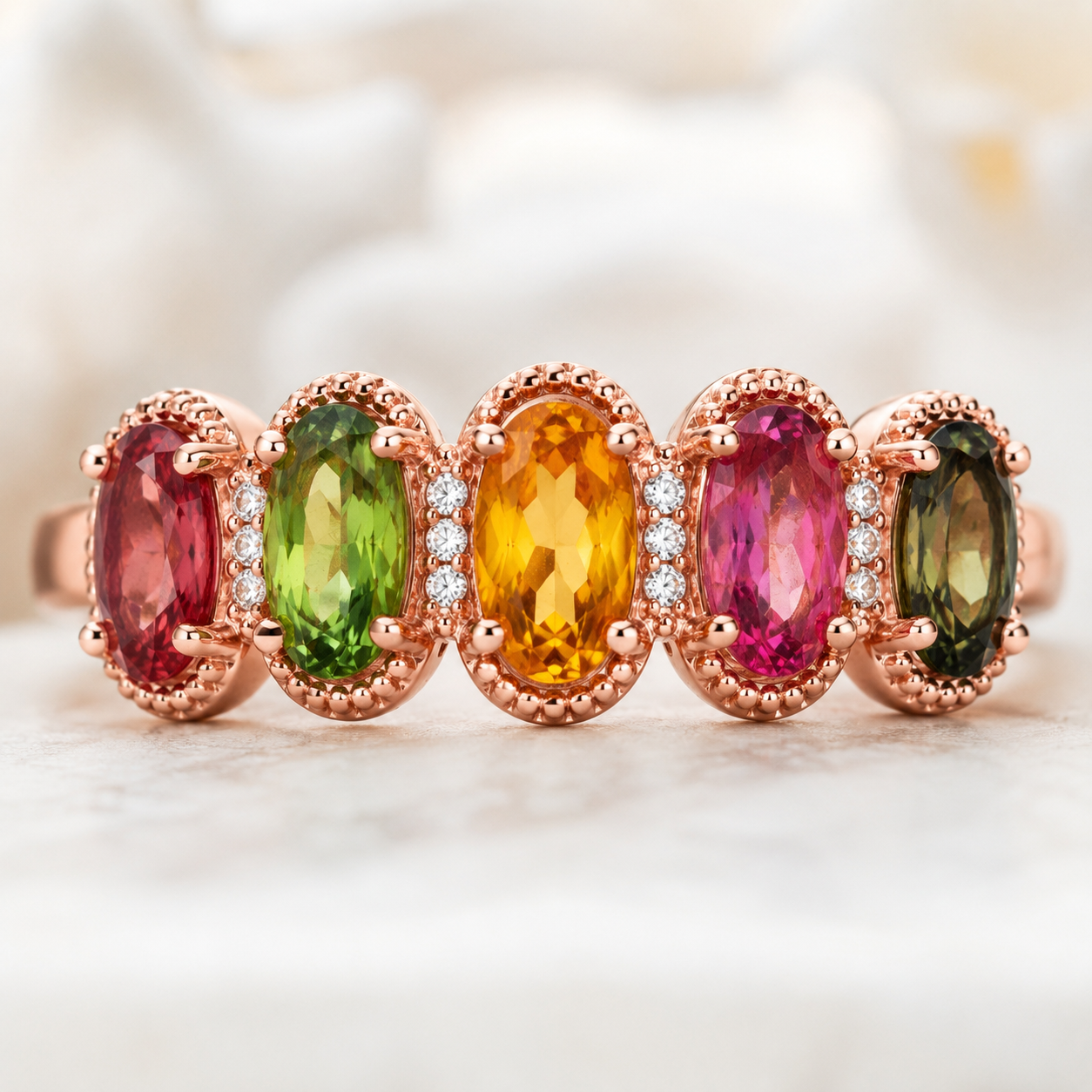 Natural Multi Tourmaline Statement Ring with 4x6mm oval colorful gemstones and cubic zirconia accents in 925 sterling silver with platinum plated finish by PHIMSERA