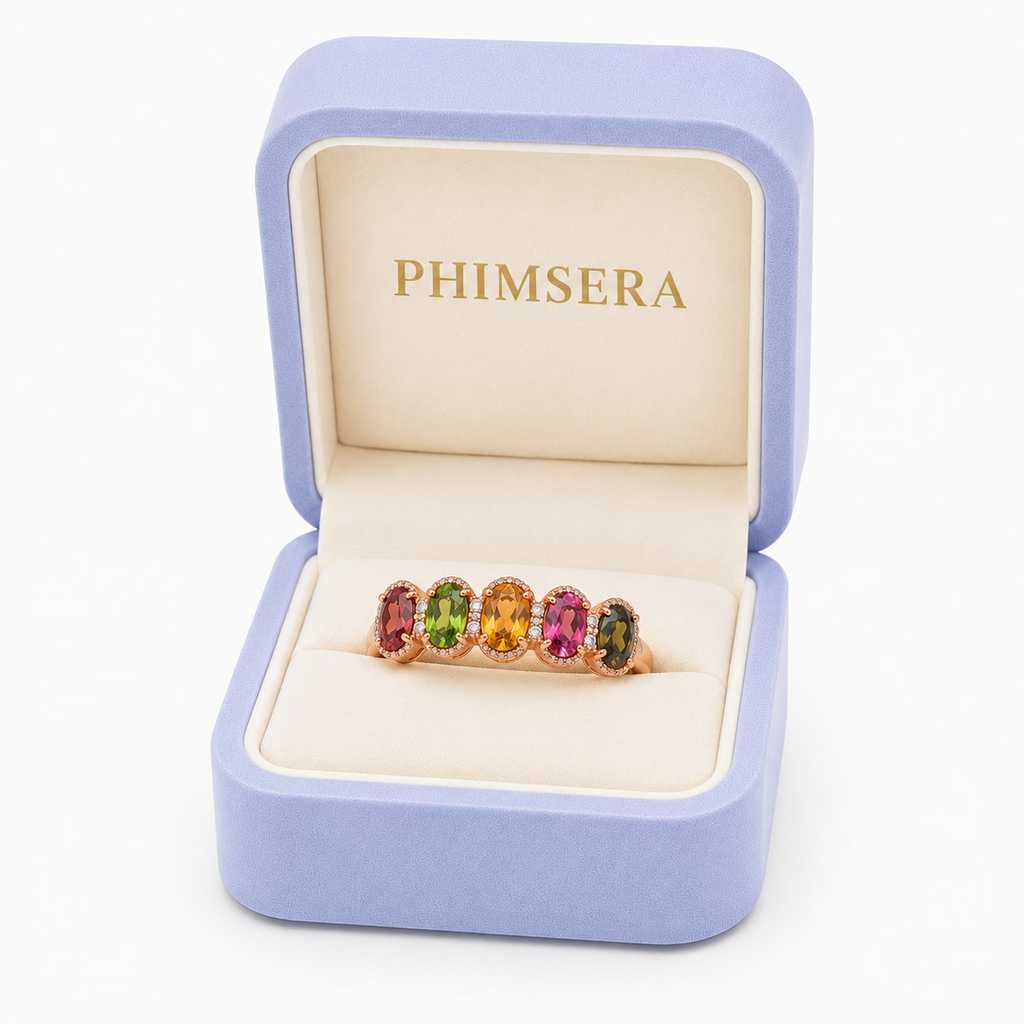 Natural Multi Tourmaline Statement Ring with 4x6mm oval colorful gemstones and cubic zirconia accents in 925 sterling silver with platinum plated finish by PHIMSERA