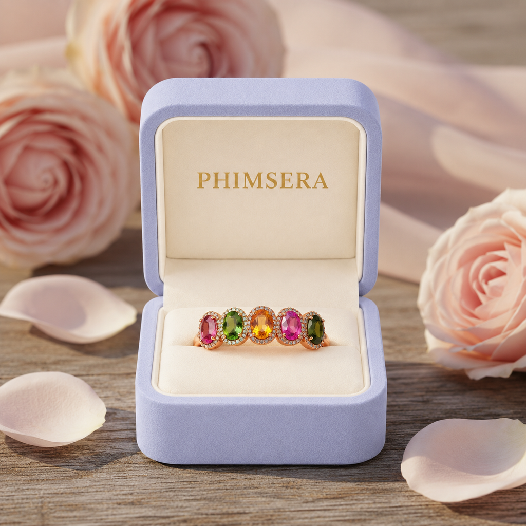 Natural Multi Tourmaline Statement Ring with 4x6mm oval colorful gemstones and cubic zirconia accents in 925 sterling silver with platinum plated finish by PHIMSERA