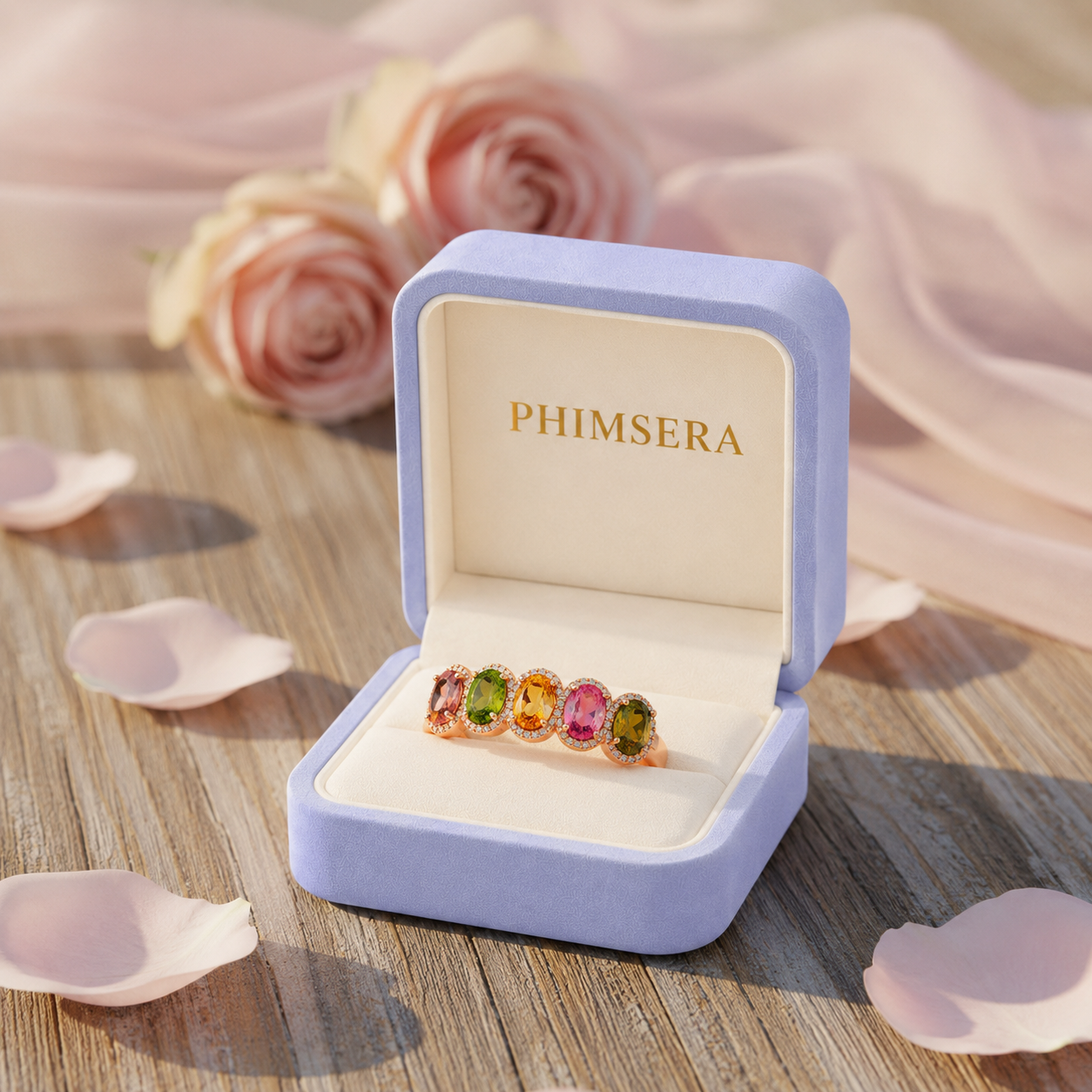 Natural Multi Tourmaline Statement Ring with 4x6mm oval colorful gemstones and cubic zirconia accents in 925 sterling silver with platinum plated finish by PHIMSERA